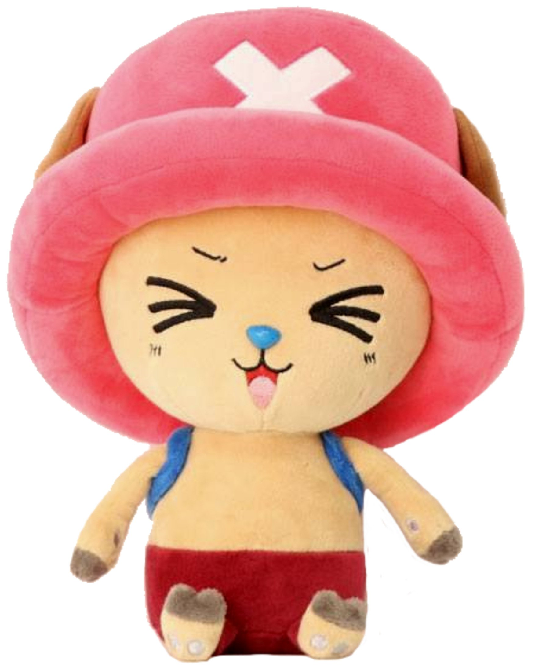 Ein Plüschtier von Tony Tony Chopper aus One Piece, rosa Hut, blaue Latzhose.