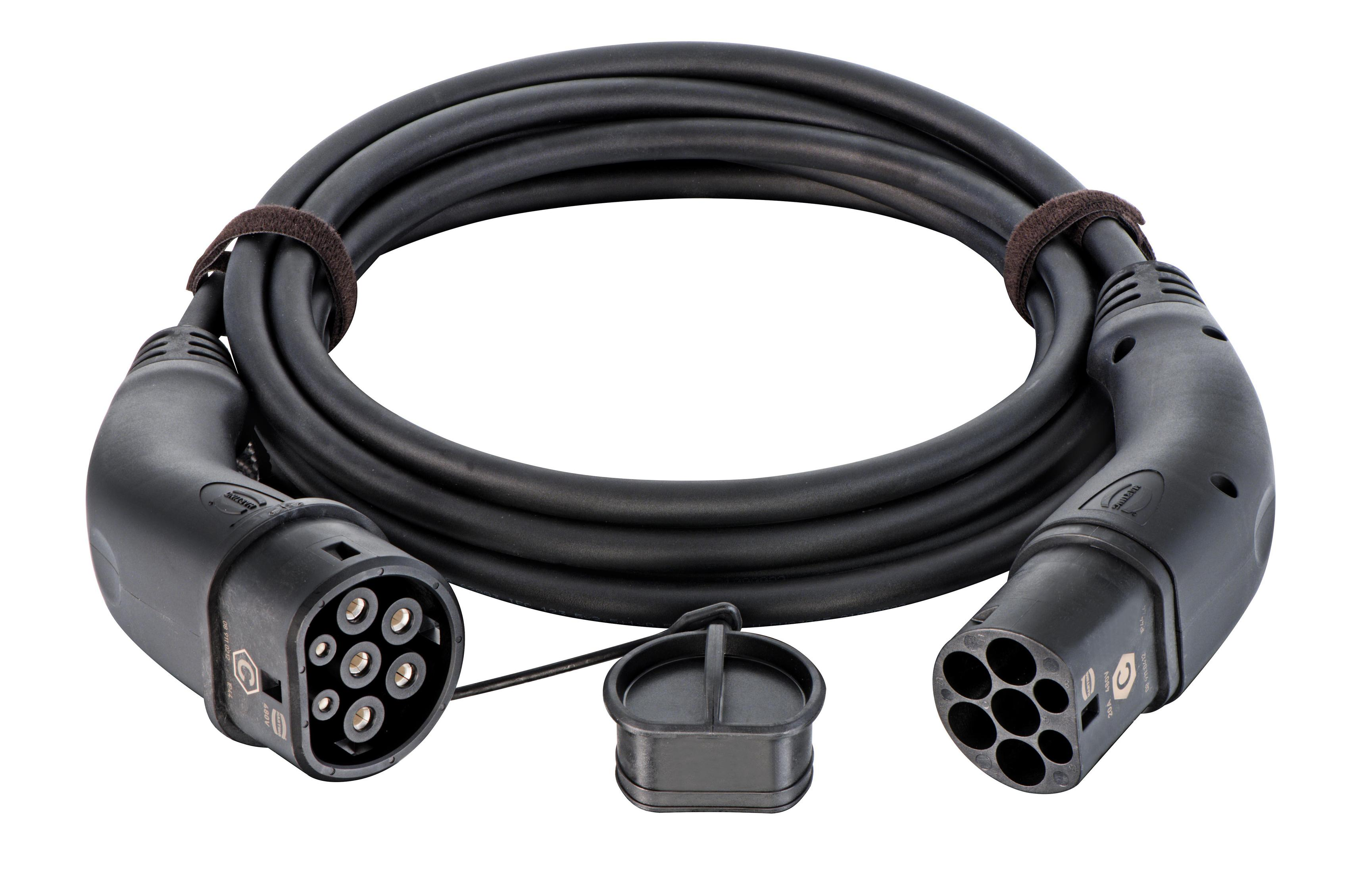 Schwarzes EV-Ladekabel mit zwei Steckern und Abdeckung.