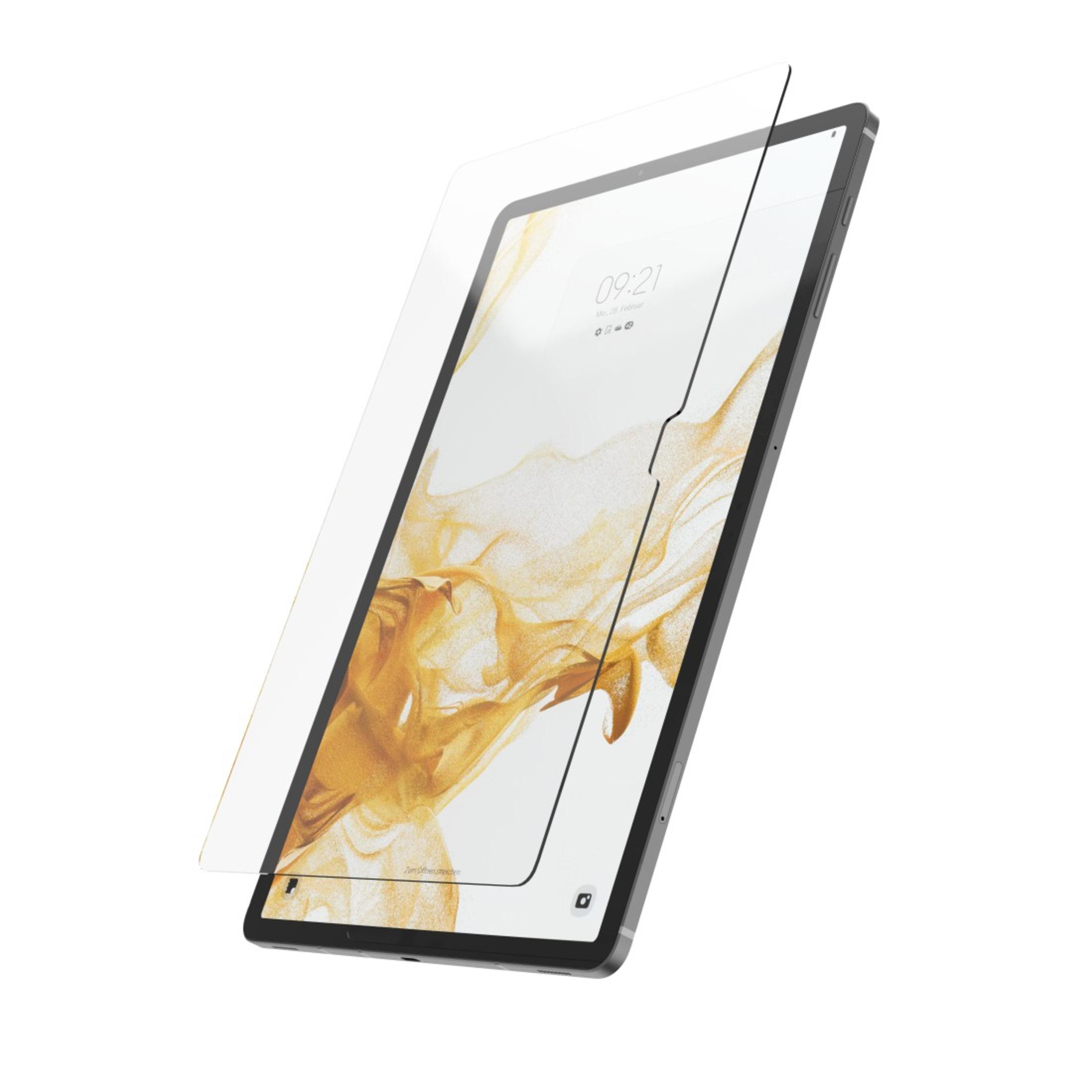 Un tablet con una protezione schermo applicata, che mostra uno sfondo chiaro.
