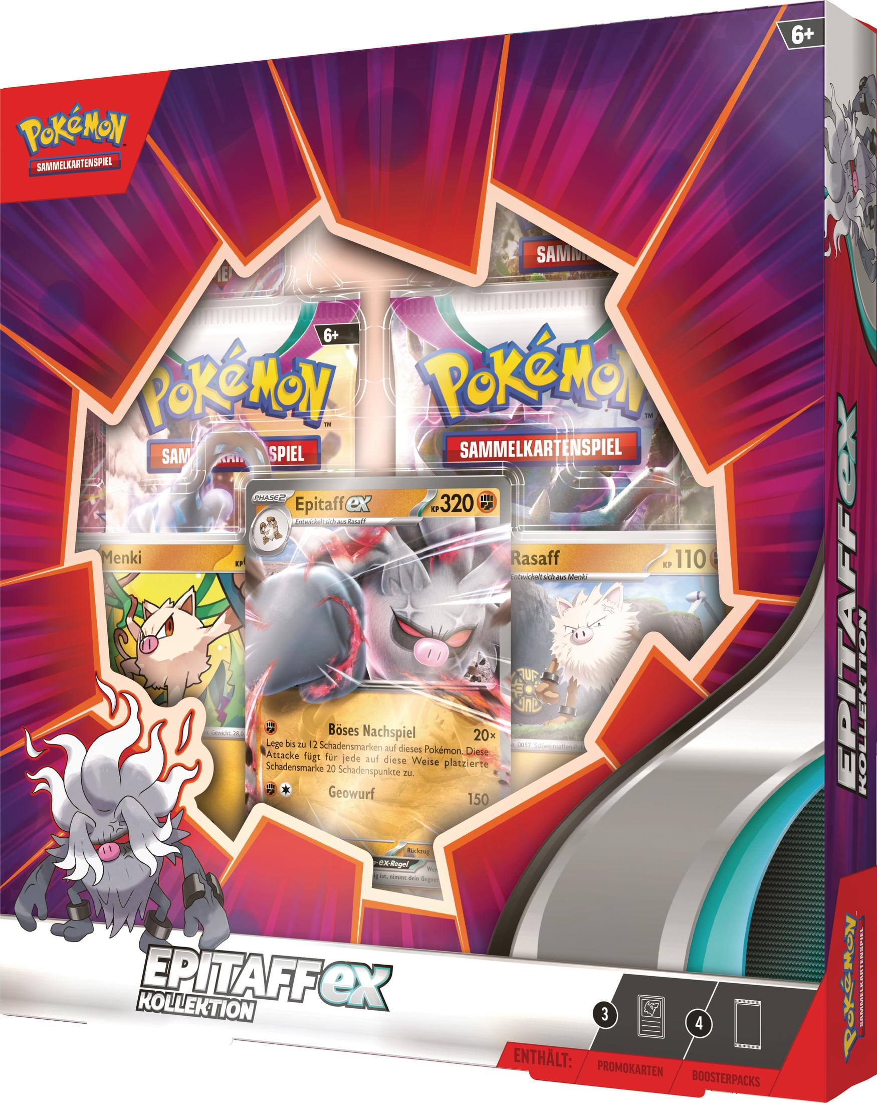 Eine Pokémon-Sammelkartenspiel-Box. Sie enthält Packs, Karten und ein großes Epitaffex-Sammlungsetikett.