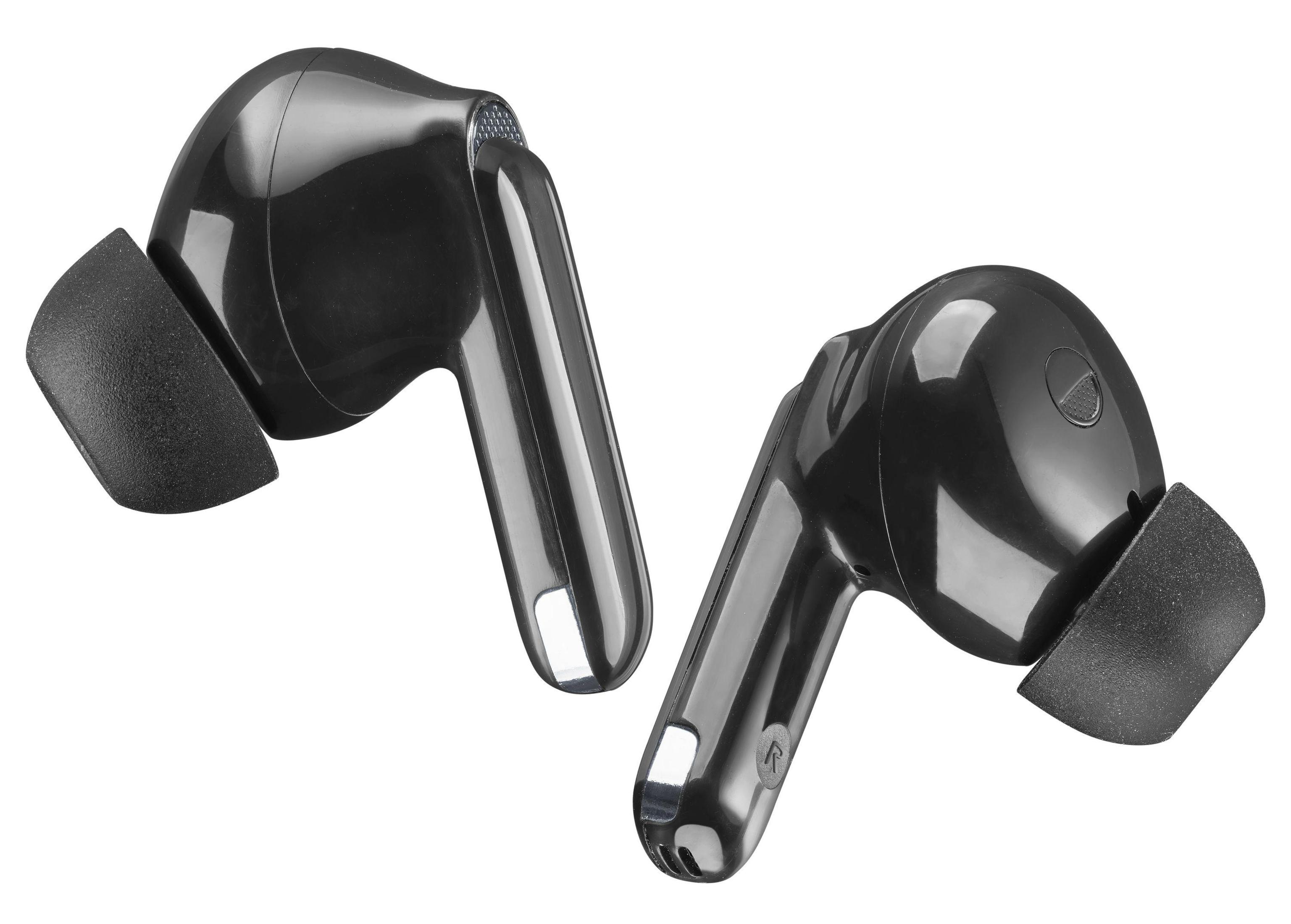 Dwa czarne słuchawki douszne, skośna konstrukcja. Każda ma silikonową końcówkę. Białe tło.