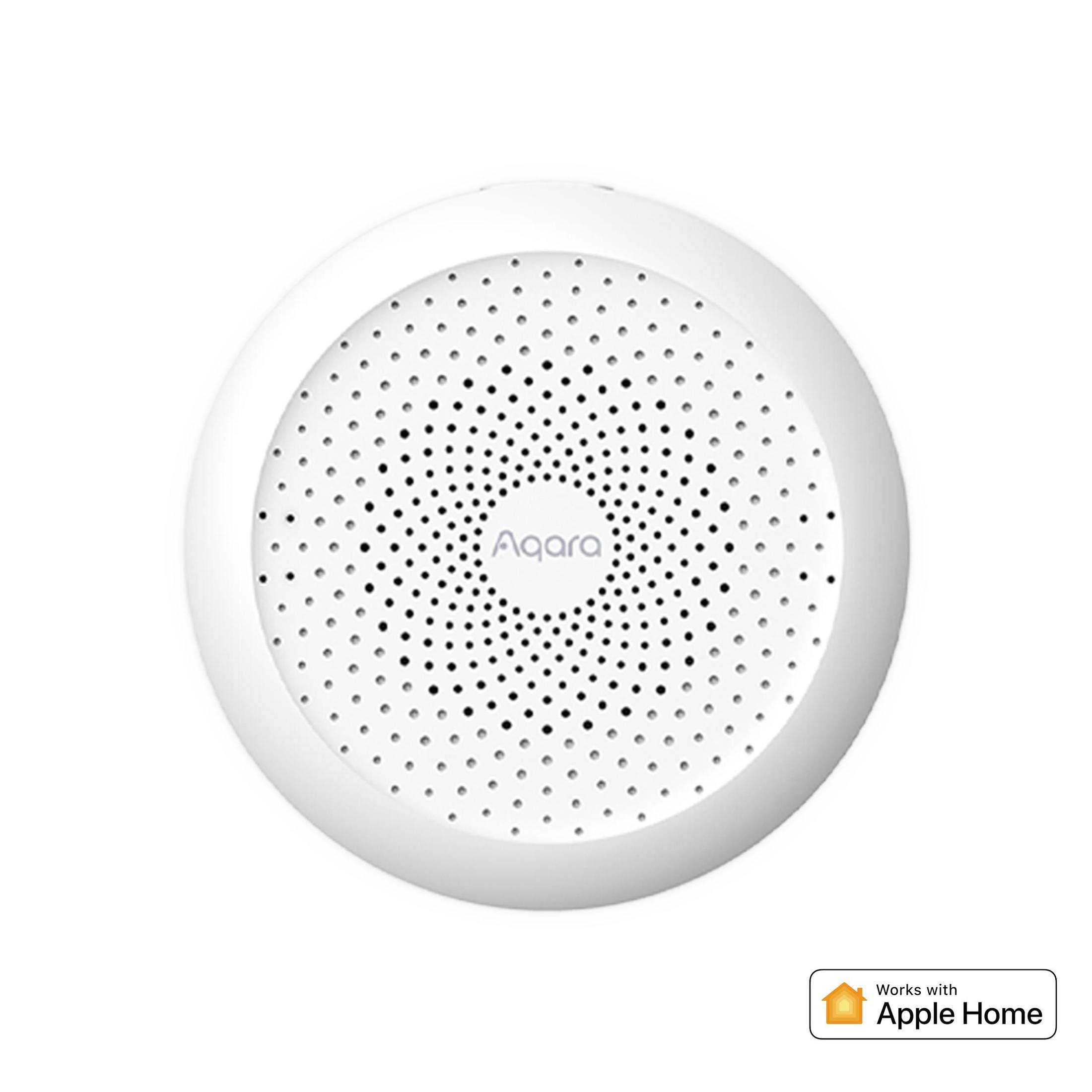 Weißes Aqara Smart-Home-Gerät mit perforierter Oberfläche. Das Logo „Works with Apple Home“ befindet sich unten rechts.