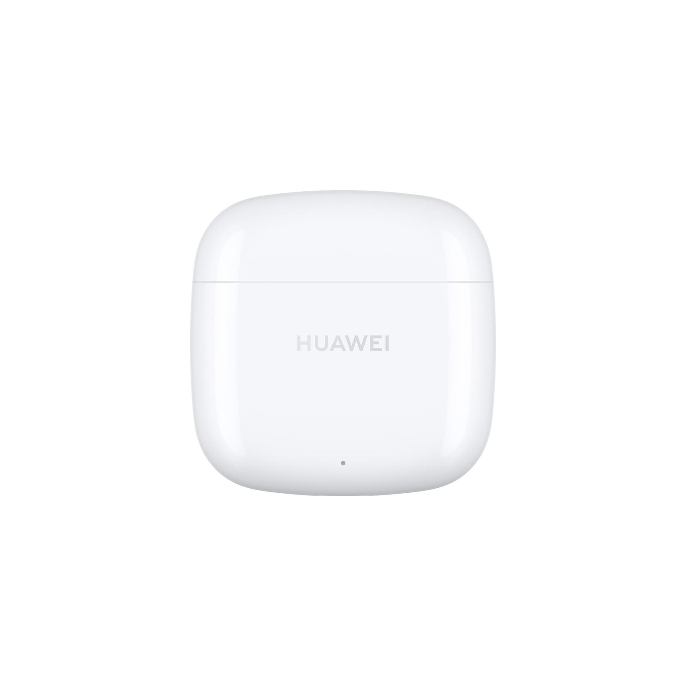 Witte Huawei oplaadcase, geïsoleerd tegen een witte achtergrond. Het Huawei-logo is zichtbaar.