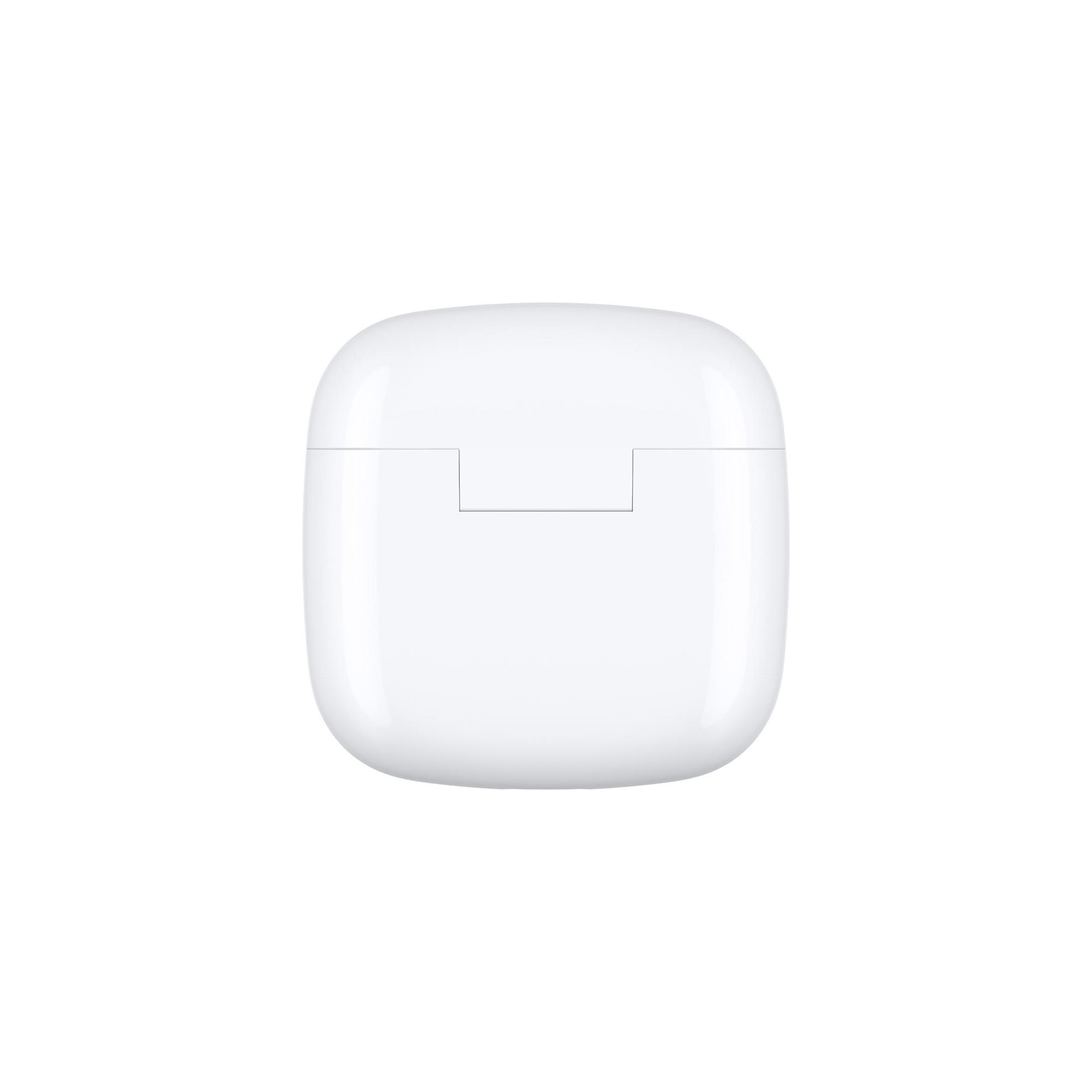 Witte, afgeronde oplaadcase voor oordopjes. Eenvoudig, strak design.