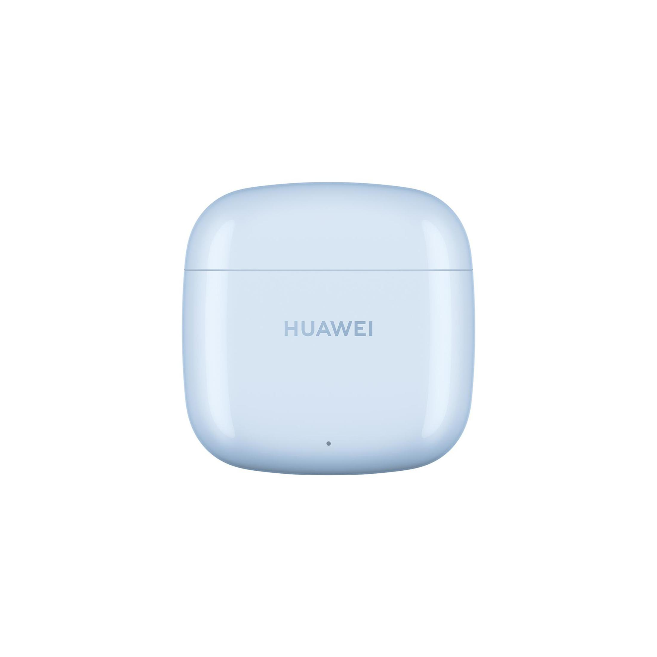 Jasnoniebieskie etui ładujące do słuchawek Huawei. Etui jest zamknięte, z napisem Huawei.