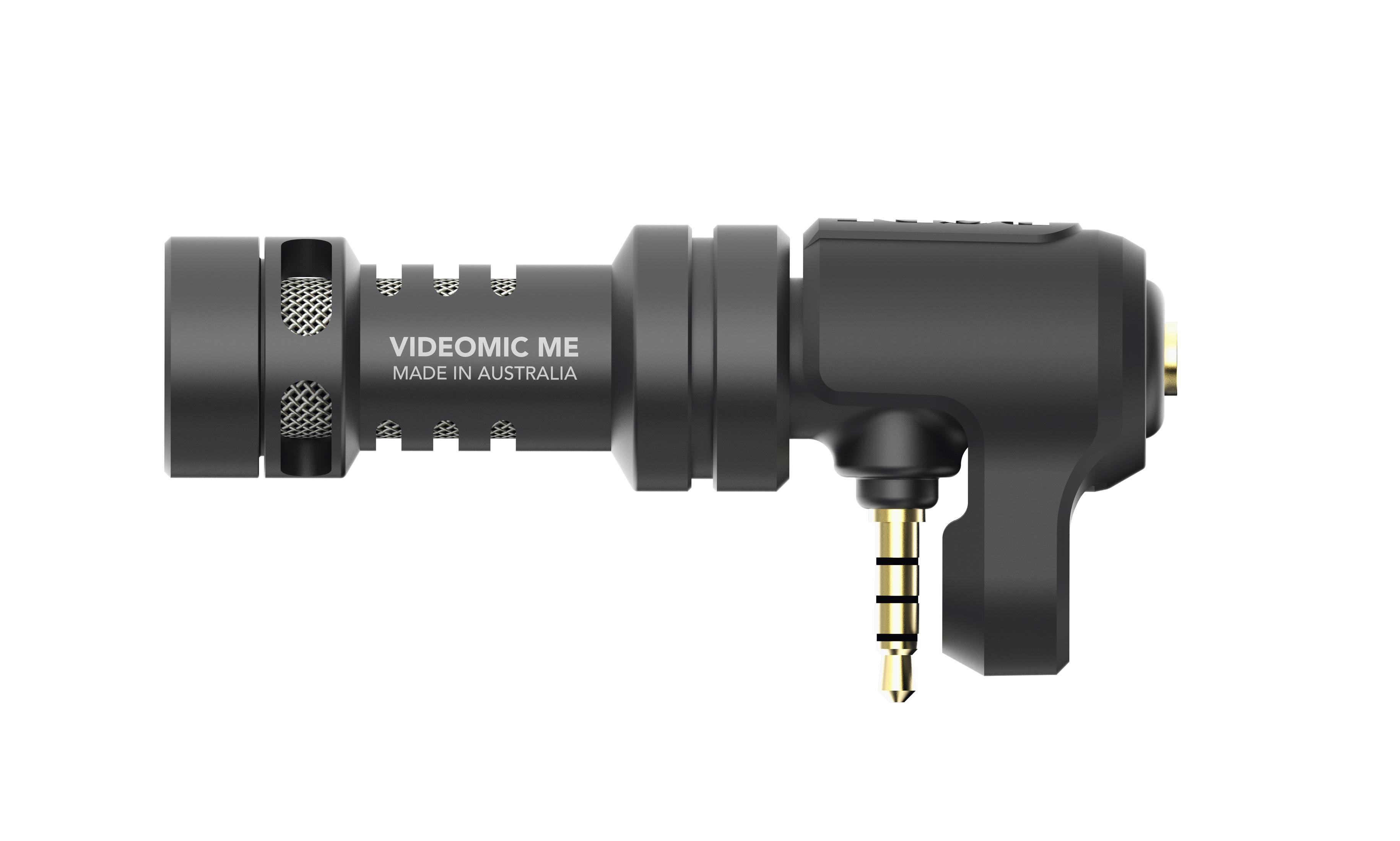 Schwarzes Mikrofon mit 3,5-mm-Klinke, die Worte 'Videomic Me' sind sichtbar.