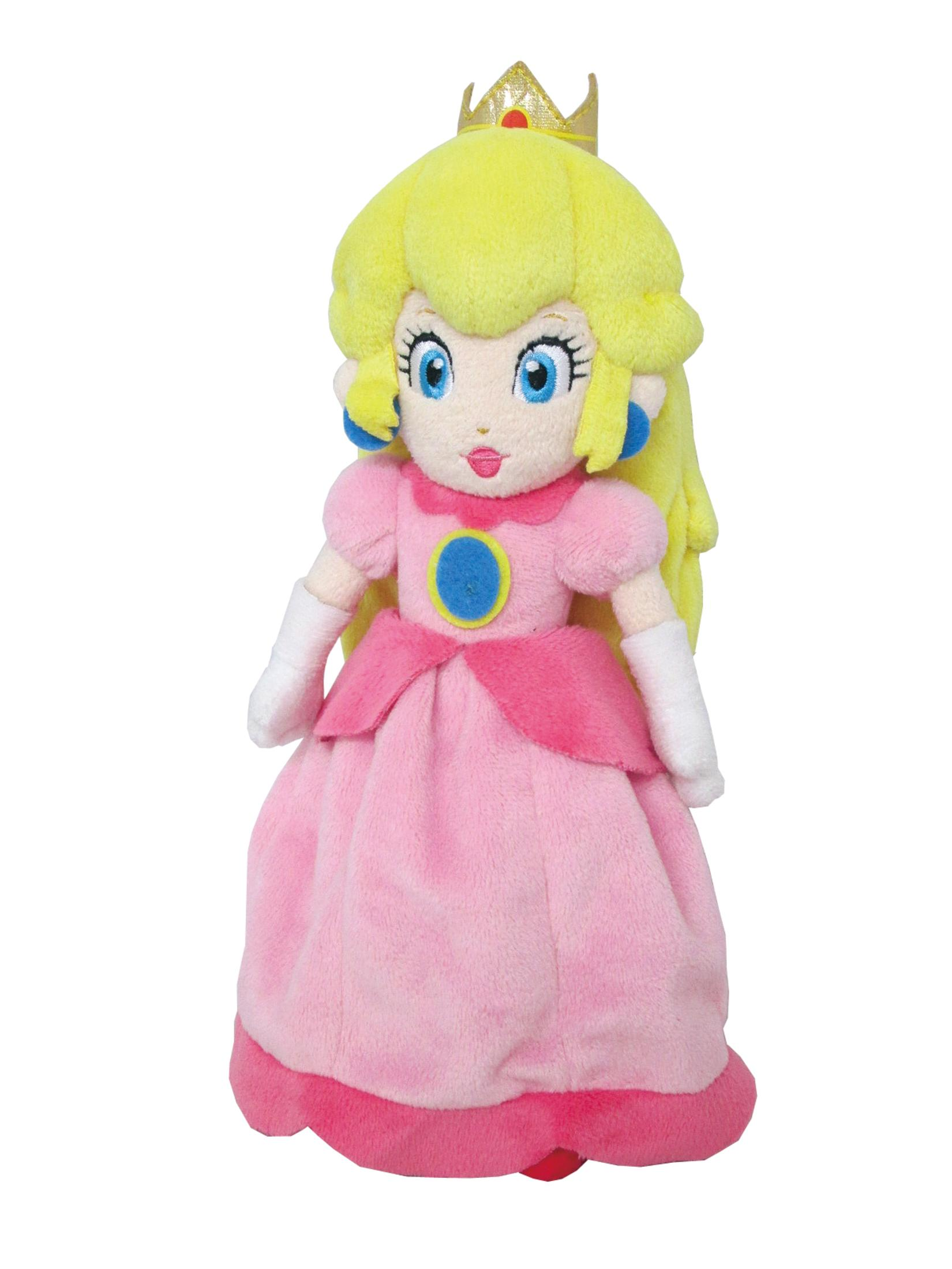 Una muñeca de peluche de la Princesa Peach con vestido rosa y corona dorada, aislada en blanco.