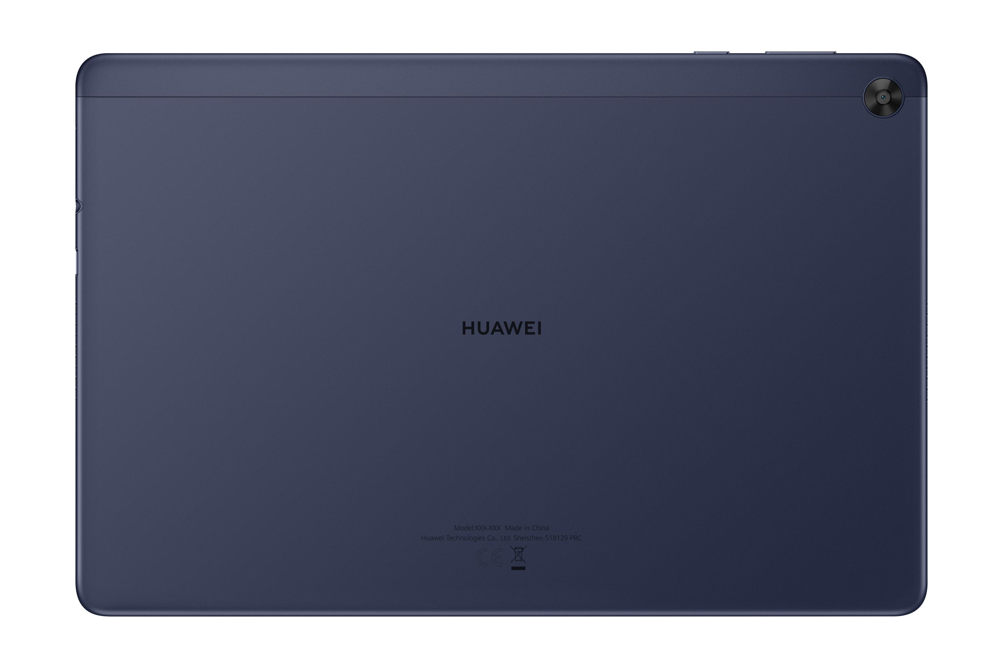 Die Rückseite eines dunkelblauen Huawei-Tablets mit dem Markennamen in der Mitte.