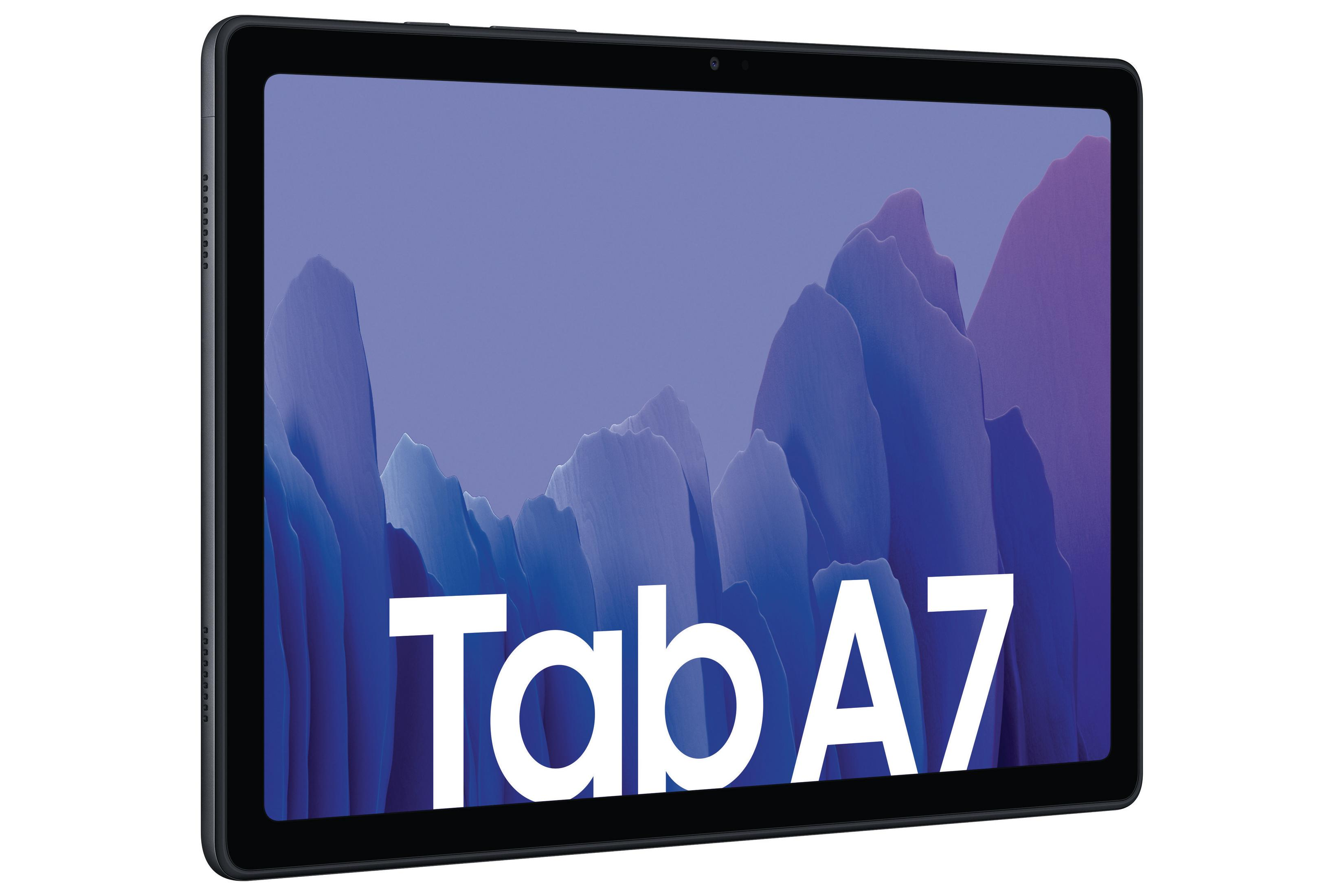 Czarny tablet z ekranem wyświetlającym fioletowy abstrakcyjny krajobraz ze słowami 'Tab A7'.