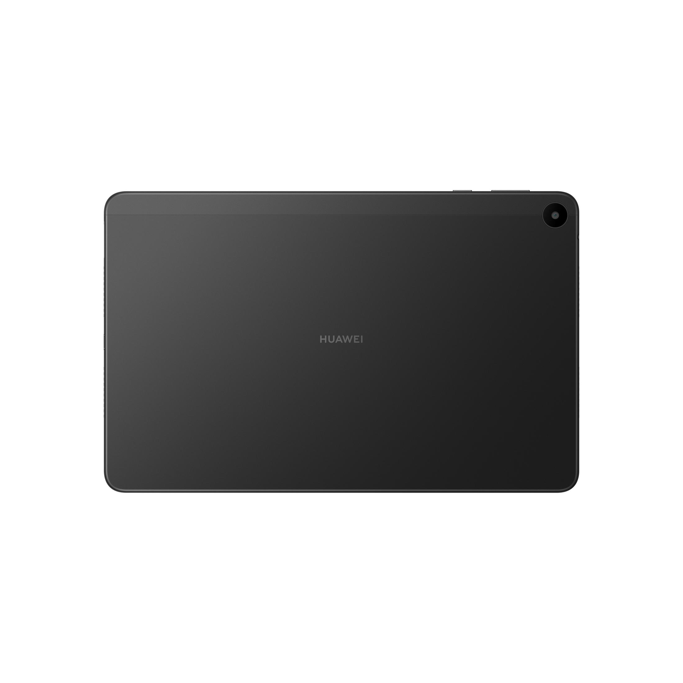 Ein schwarzes Tablet mit Kamera oben rechts. Das Wort HUAWEI steht in der Mitte des Tablets.