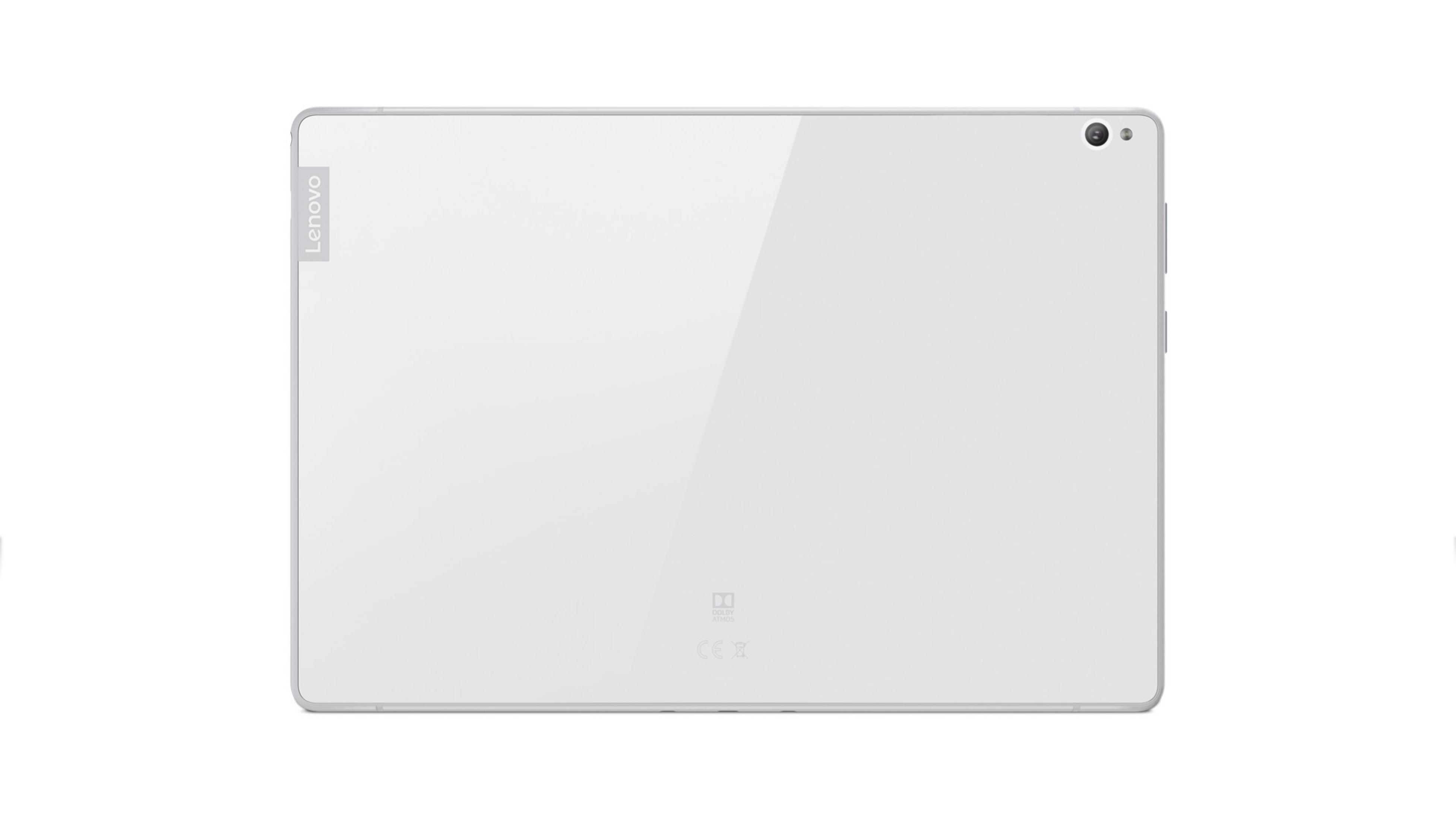 Weißes Tablet, Rückansicht, mit Lenovo-Logo, Kamera und weißem Hintergrund.