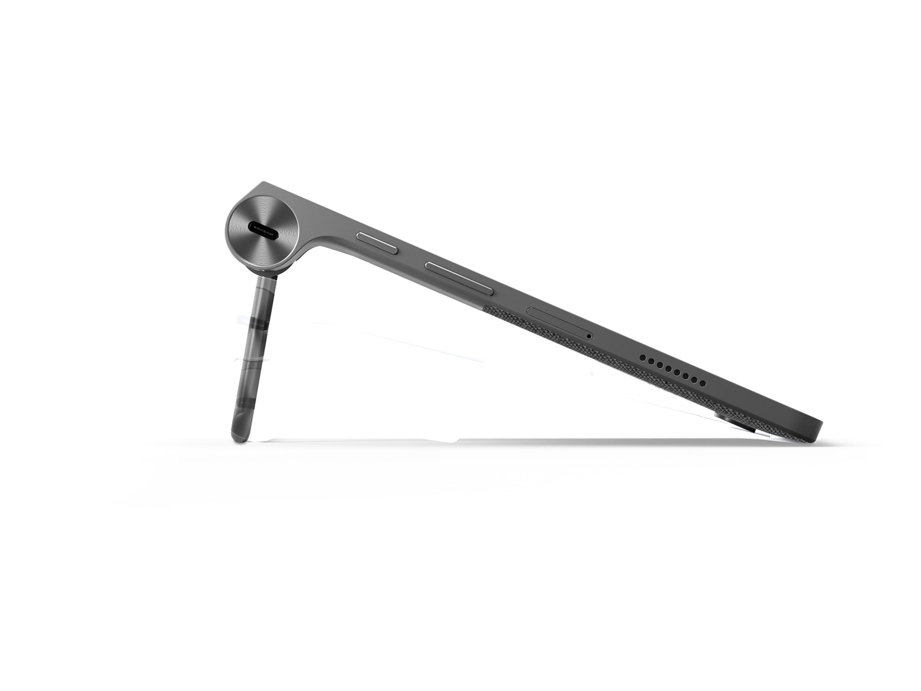 Graues Tablet schräg aufgestellt, mit Ladeanschluss und metallischem Ständer.
