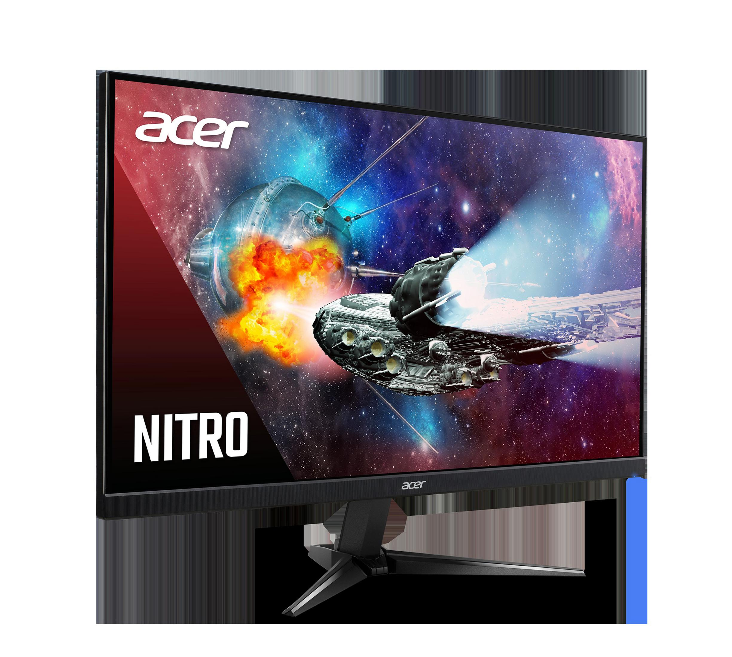 Monitor Acer Nitro nero con scena spaziale, navicella ed esplosioni, logo Acer in alto.