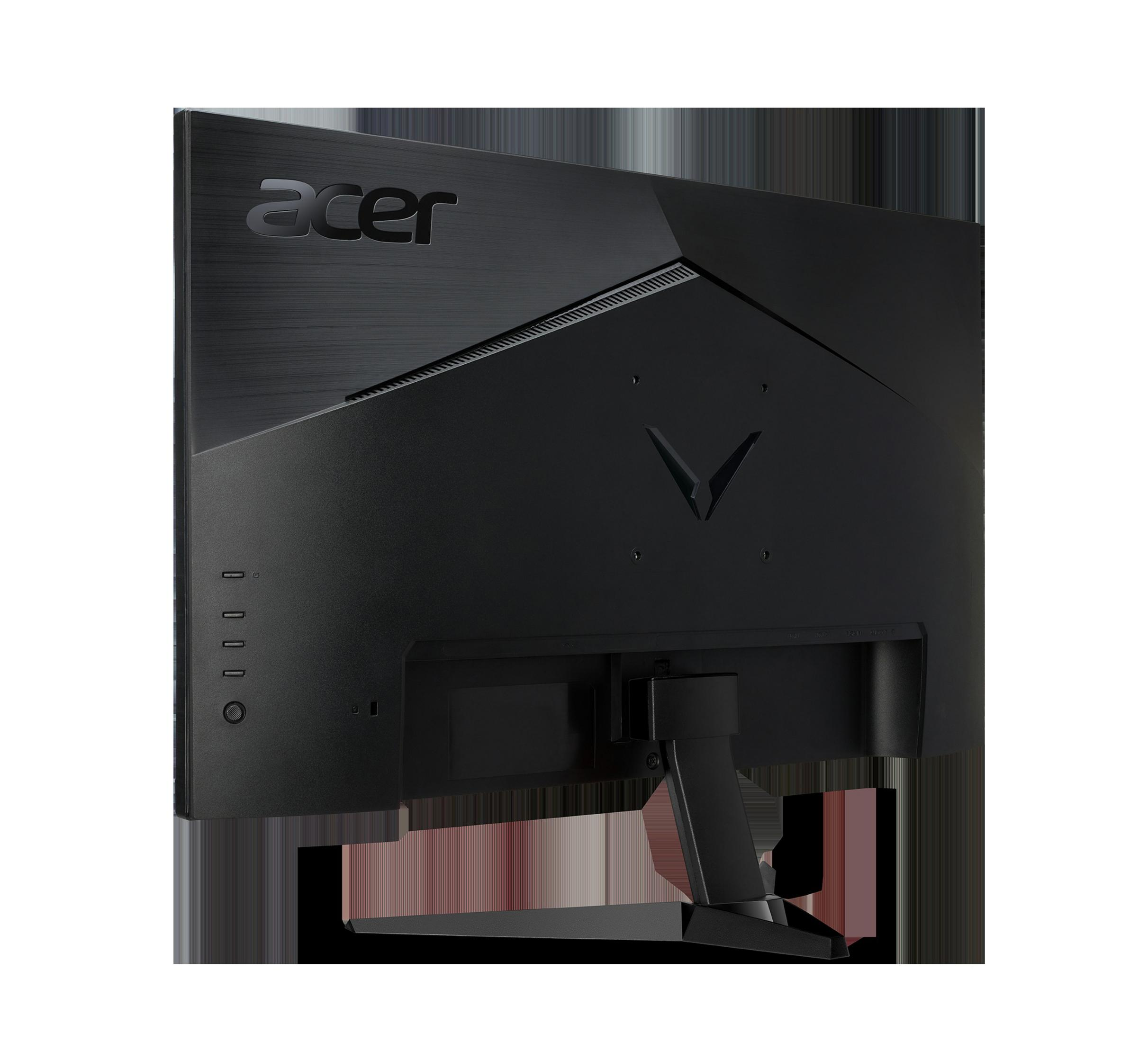 Retro di un monitor nero con logo Acer, porte e un supporto.