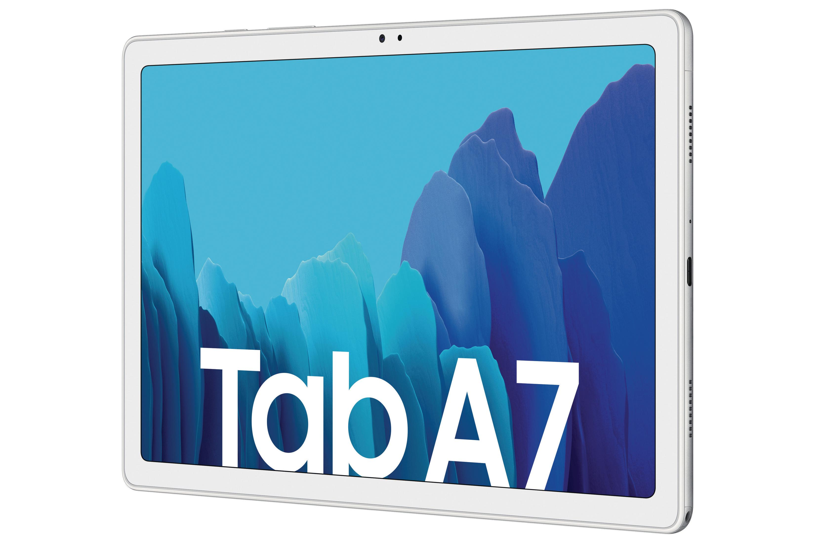 Biały tablet wyświetla "Tab A7" na niebiesko-białym tle abstrakcyjnym.