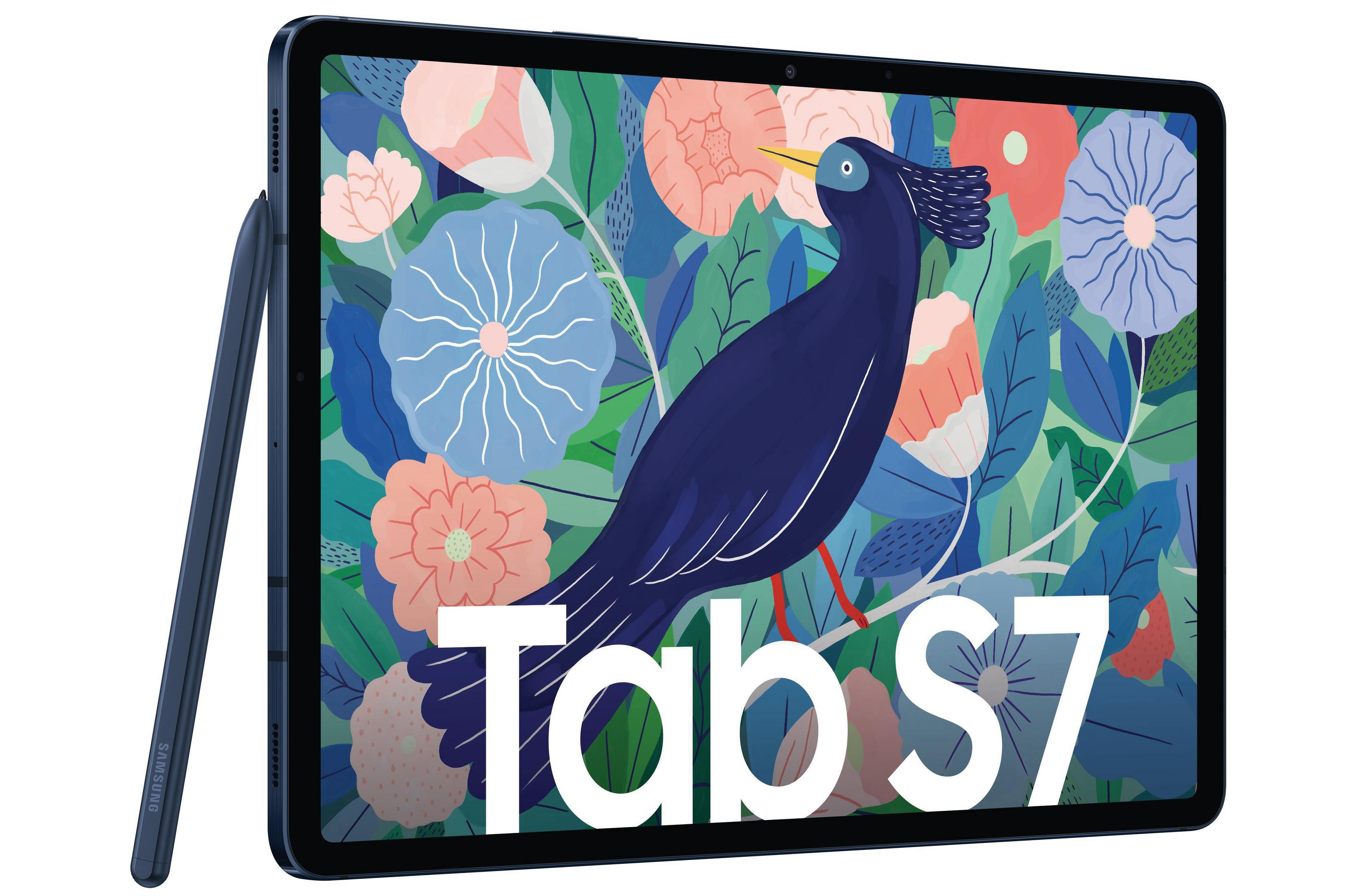 Samsung Tab S7 Tablet mit Stift, zeigt eine farbenfrohe Illustration.