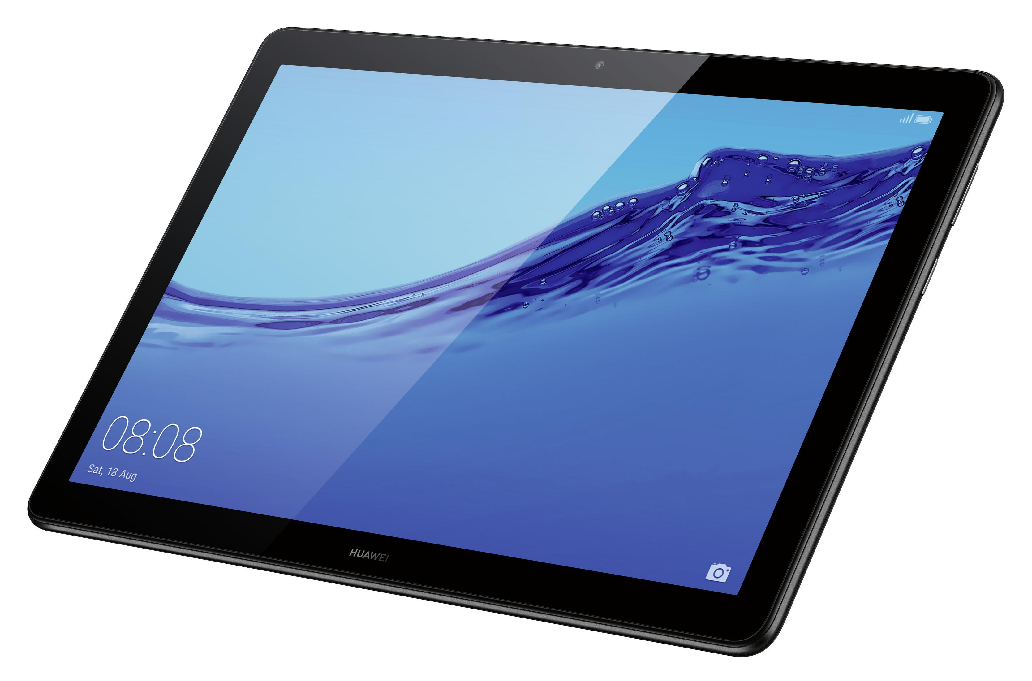 Czarny tablet Huawei, ekran wyświetla niebieski obraz fali, wyświetlany jest czas.