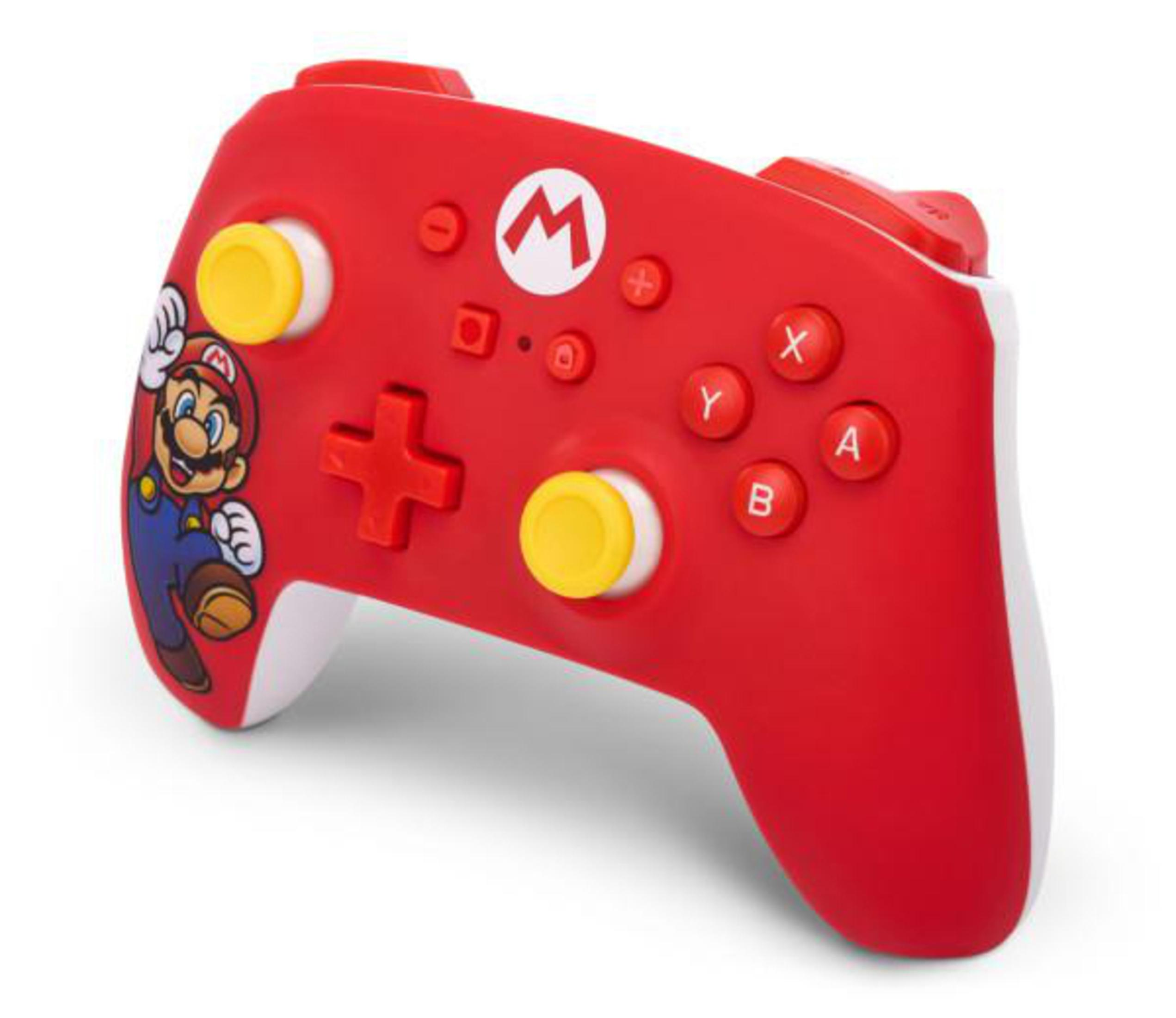 Czerwony kontroler Nintendo Switch z grafiką Mario i żółtymi przyciskami.