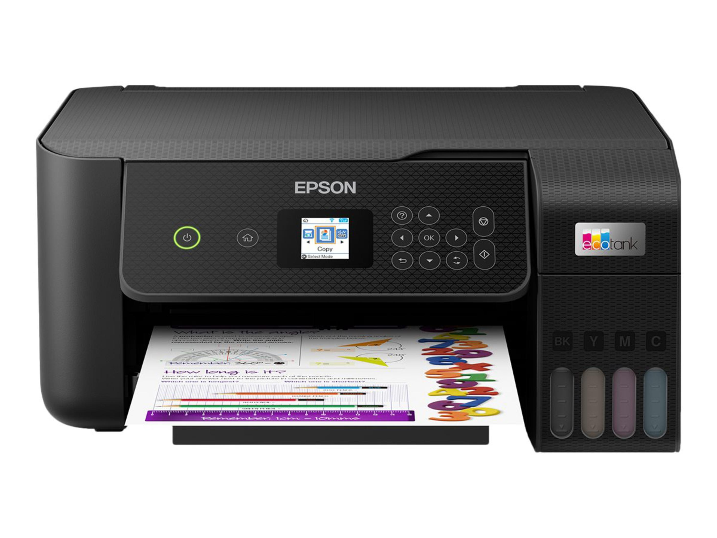Una stampante Epson con un documento in stampa. I serbatoi d'inchiostro sono sul lato destro.