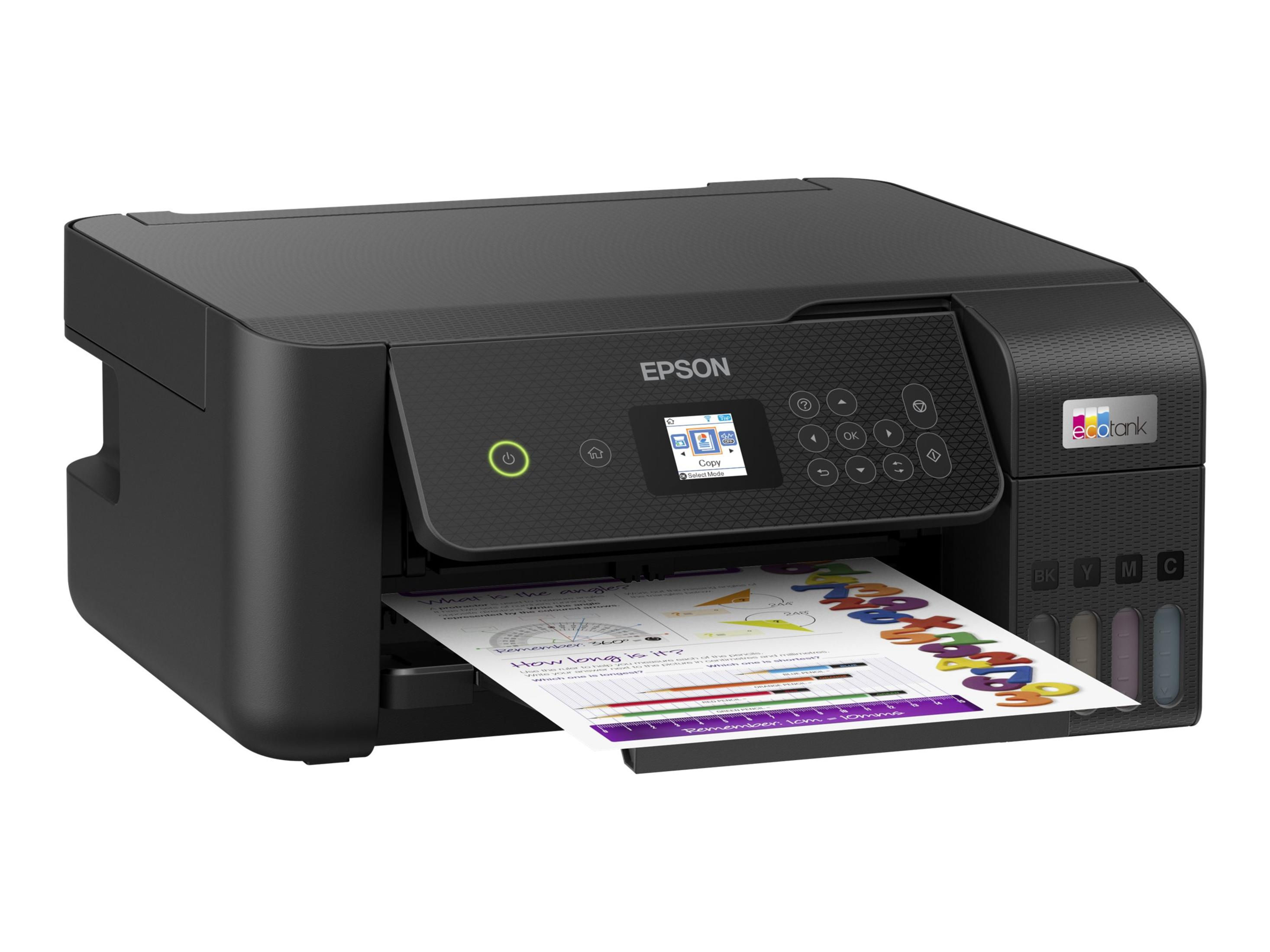 Stampante Epson nera che stampa una pagina colorata. La stampante ha un piccolo schermo e pulsanti.