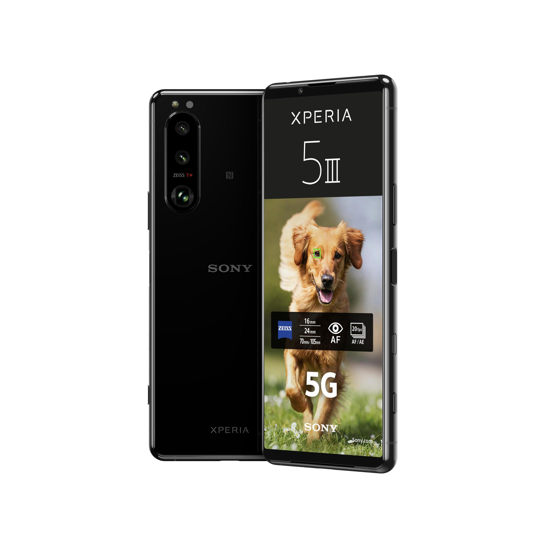 Czarny telefon Sony Xperia 5 III, pokazujący przód i tył, na białym tle.