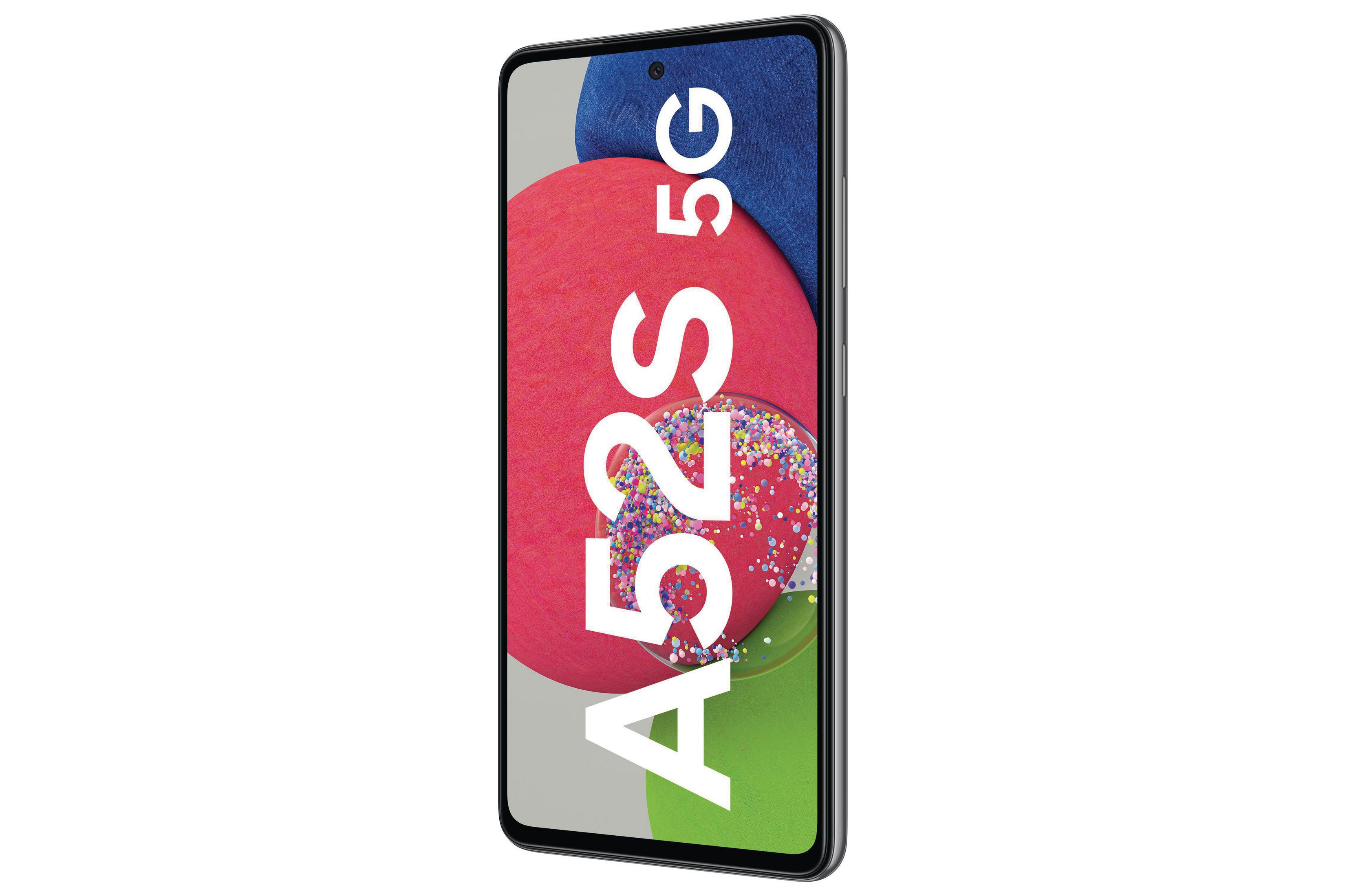 Smartfon Samsung Galaxy A52s 5G z kolorowym tłem na ekranie.
