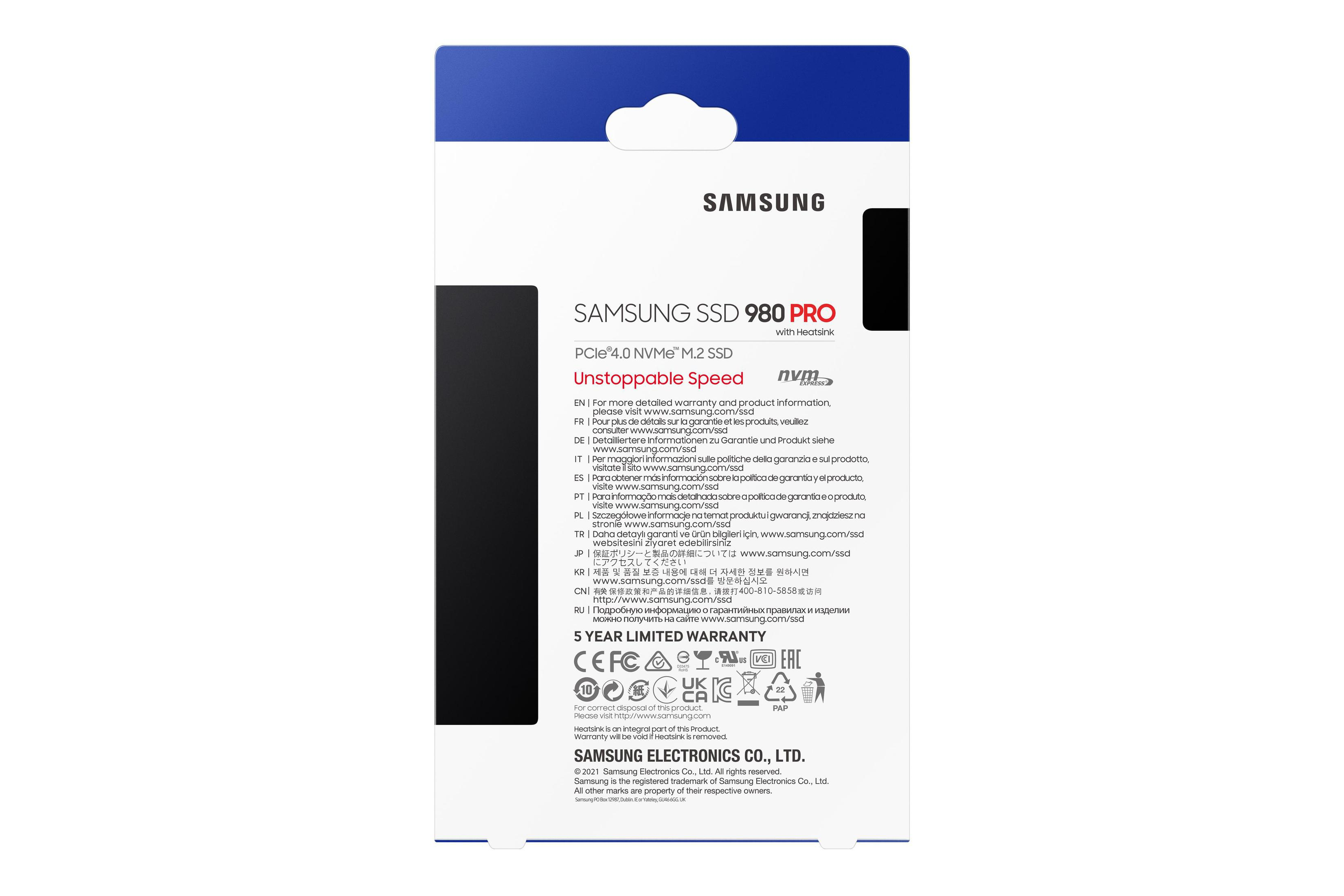 Tył pudełka Samsung SSD 980 Pro z informacjami o produkcie i informacją o 5-letniej gwarancji.