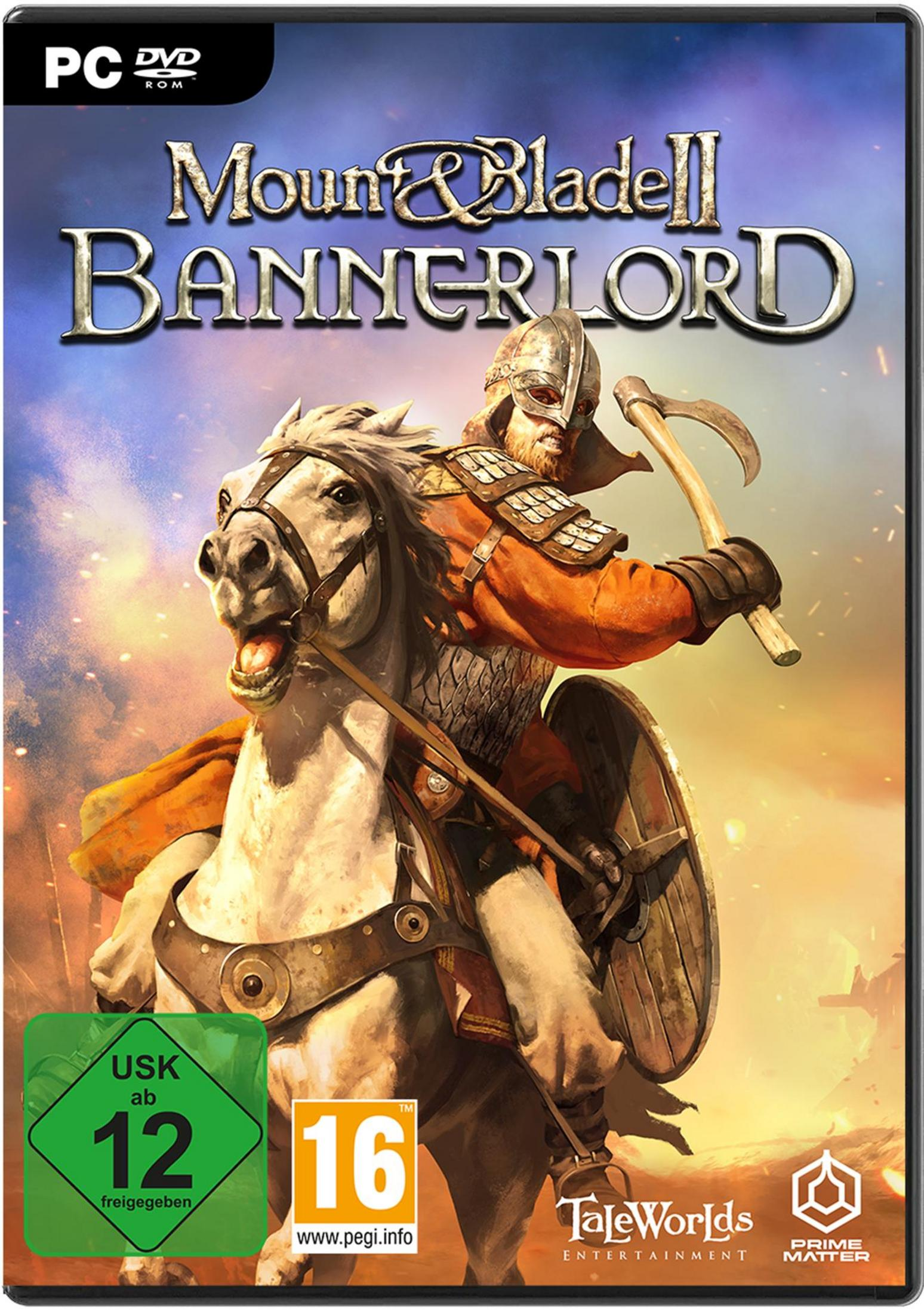 Spielcover für Mount & Blade II: Bannerlord. Ritter auf Pferd mit Waffen.