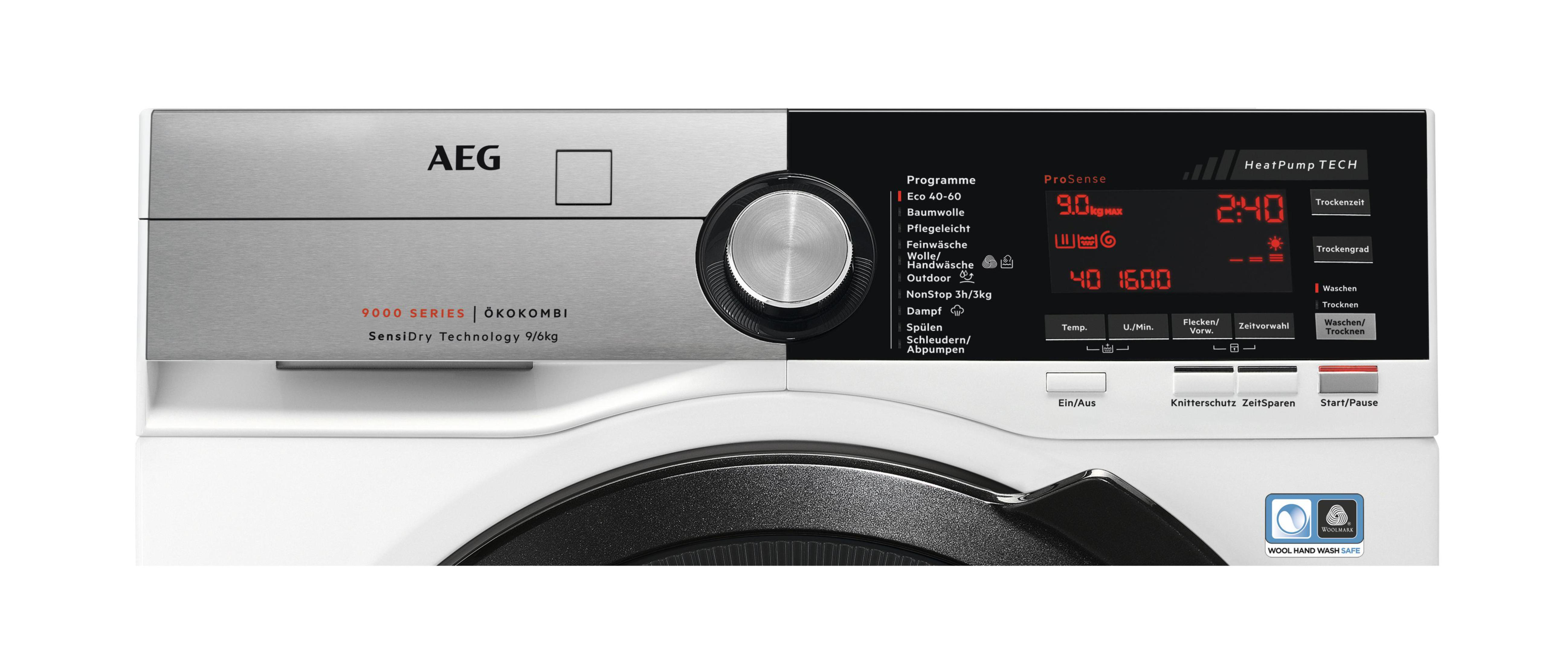 The front panel of a washing machine with buttons, a display, and an AEG logo.
