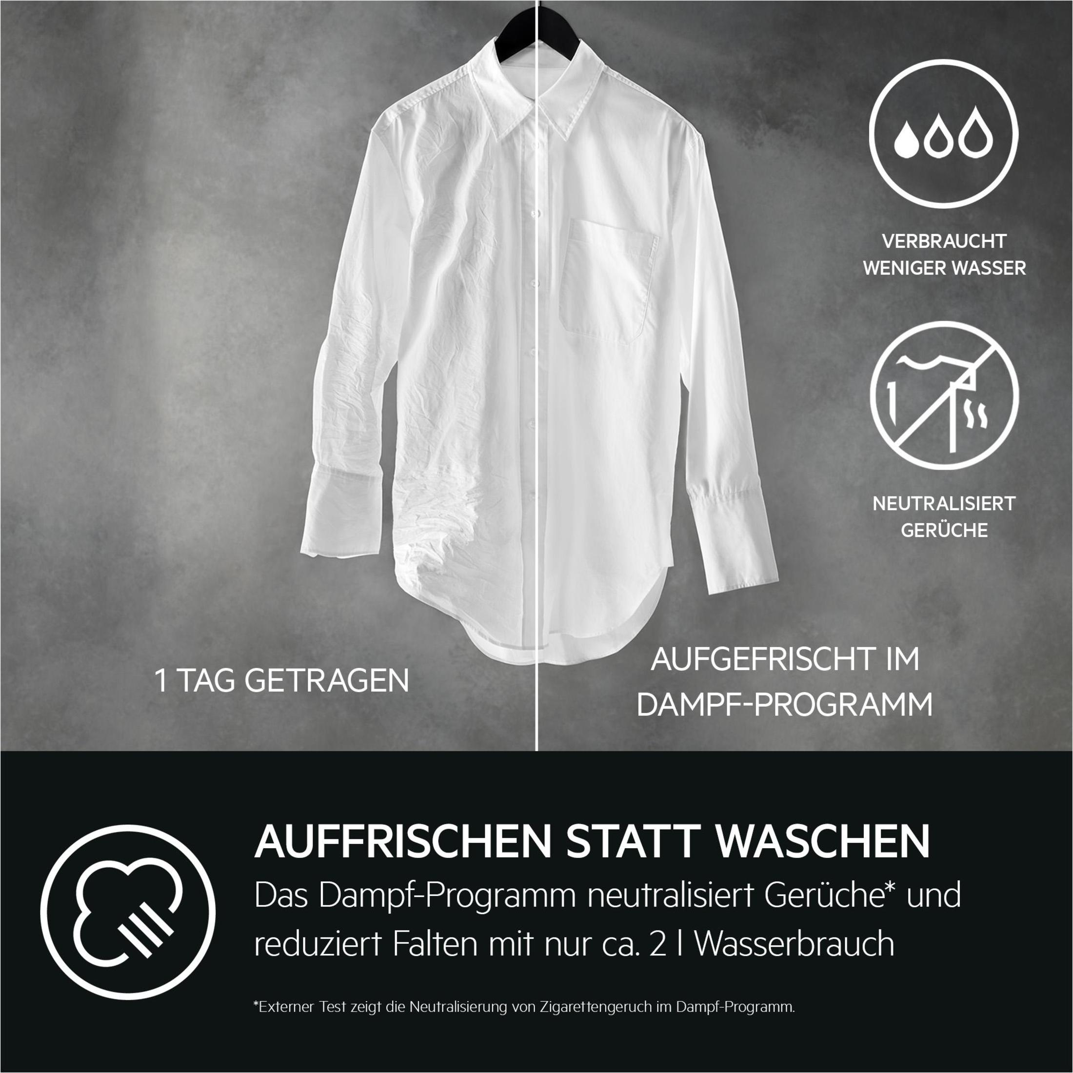 Weißes Hemd, halb gereinigt. Text über Dampfreinigung auf grauem Hintergrund.