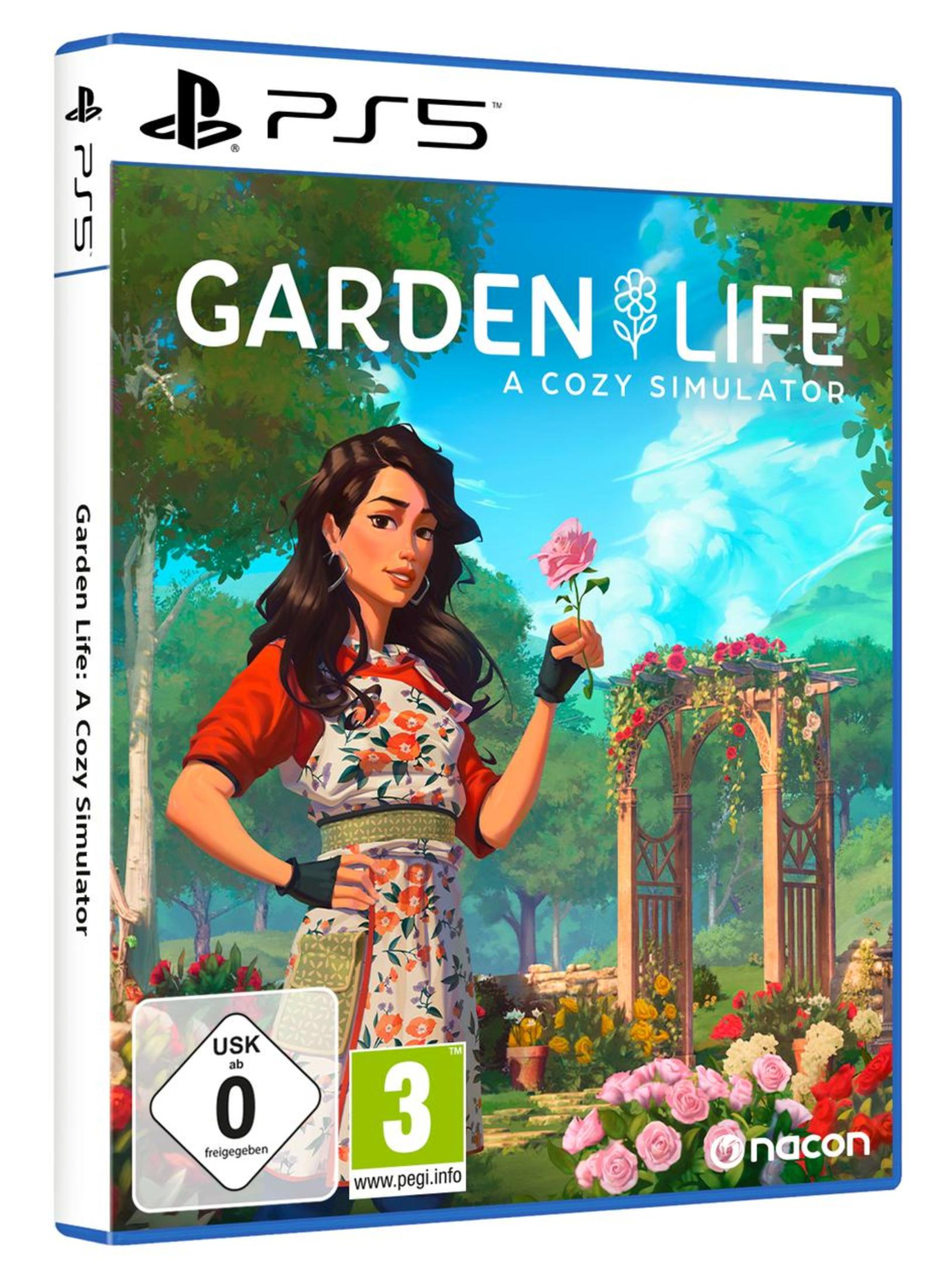 PlayStation 5 Spielebox. Sie zeigt eine Frau mit einer Blume. Der Titel lautet „Garden Life: A Cozy Simulator“.