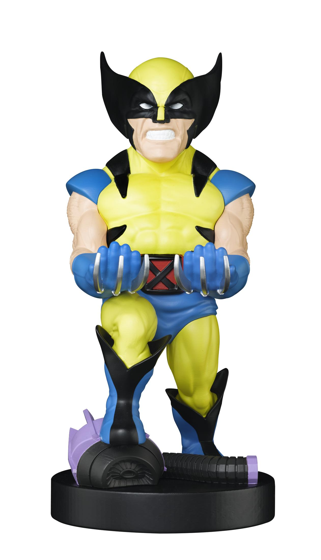 Action figure di Wolverine. Costume giallo e blu, artigli estesi. Su base nera, sfondo bianco.