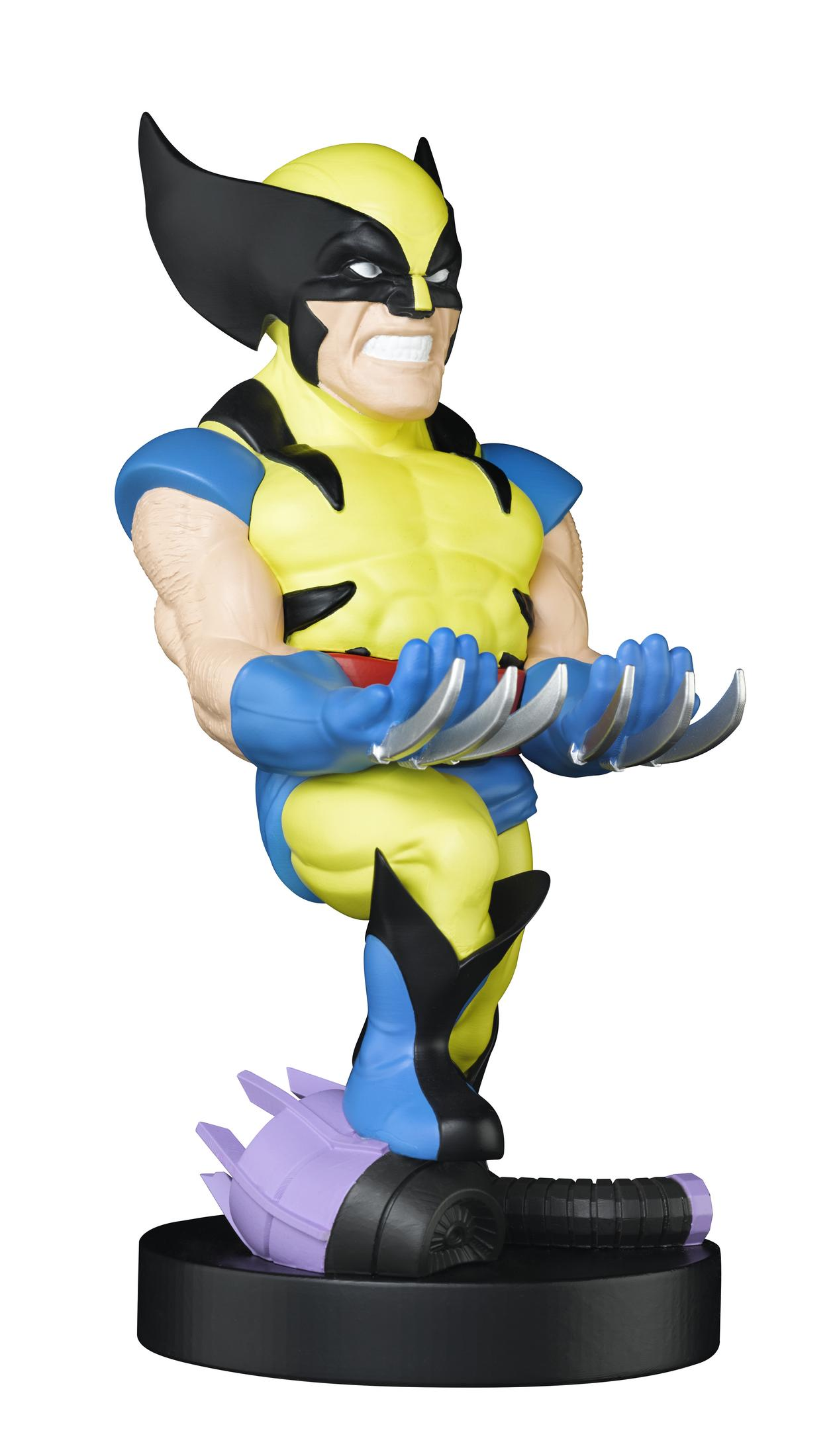 Statuetta di Wolverine con artigli estesi, su una base. Costume giallo e blu.