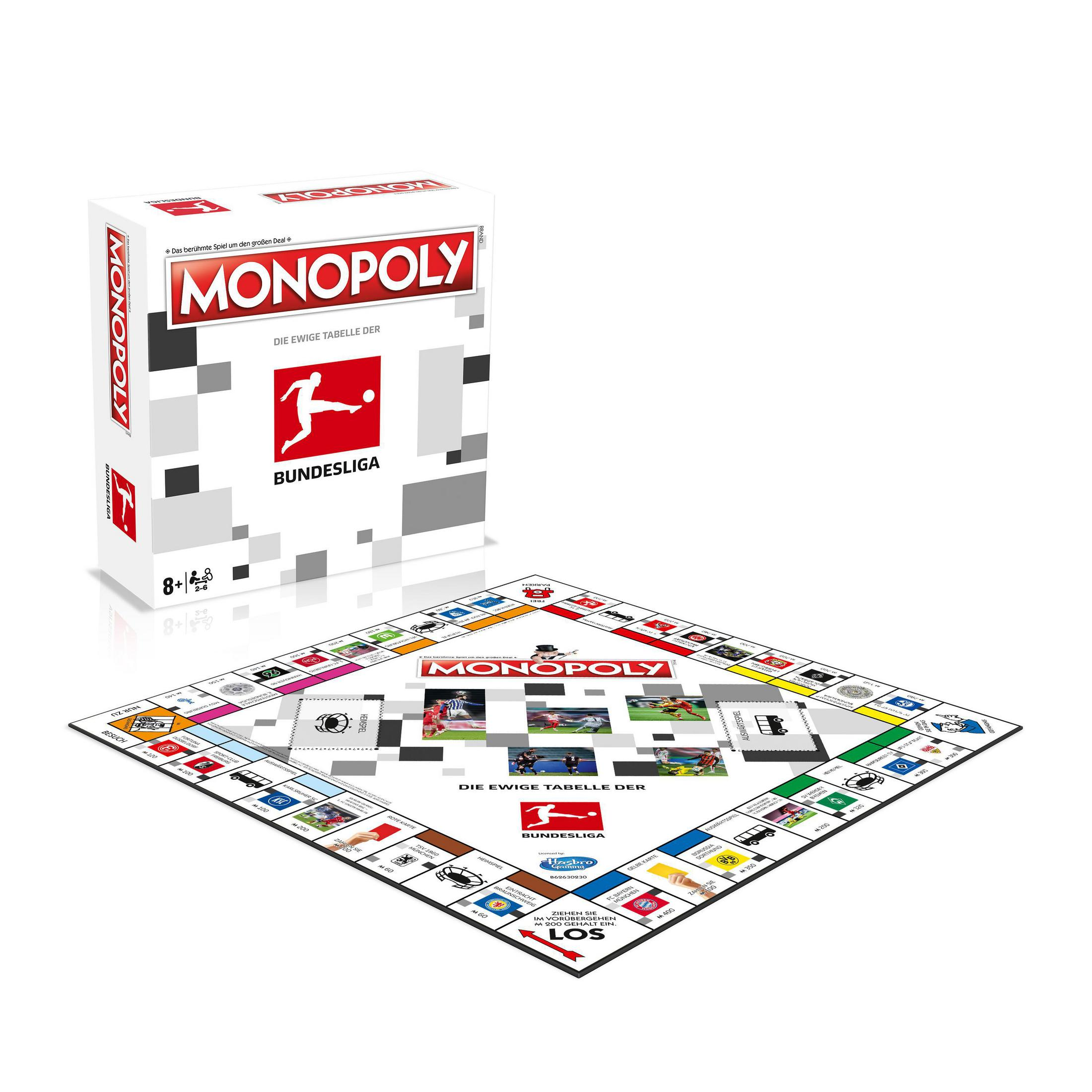Monopoly-Brettspielset mit geöffnetem Spielbrett und Box daneben. Das Spielbrett hat ein Fußballthema.