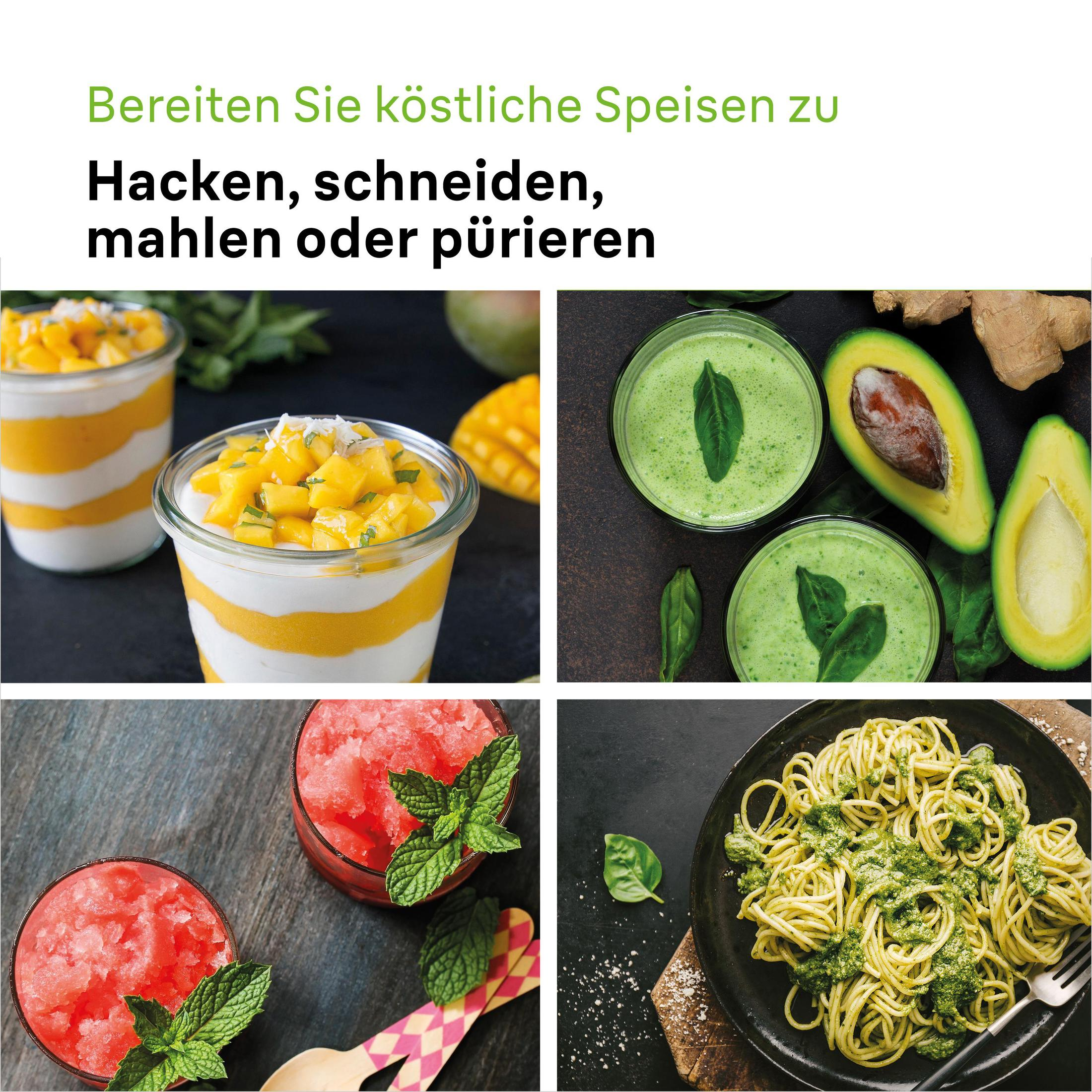 Cztery zdjęcia jedzenia. Deser mango, zielone koktajle, slush arbuzowy i makaron z pesto.