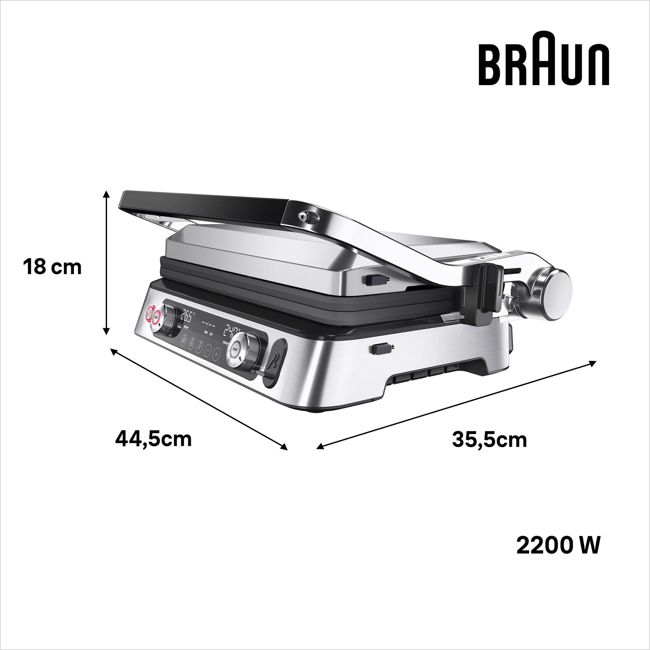 Srebrny grill Braun z wymiarami. Otwarty top, elementy sterujące z przodu, etykieta 2200W.
