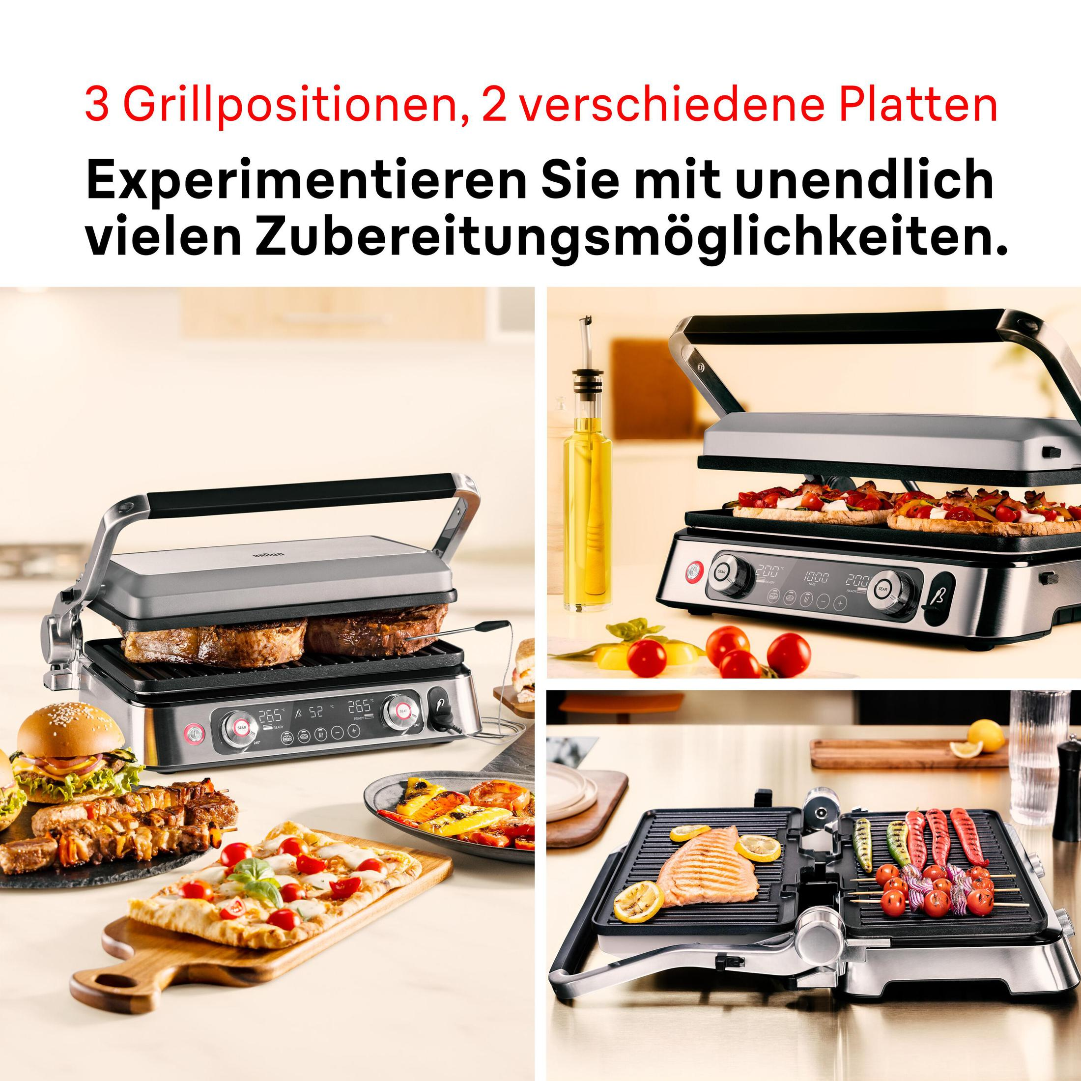 Grill z różnymi potrawami, w tym burgerami i pizzą. Ma wiele pozycji grillowania i płyt.