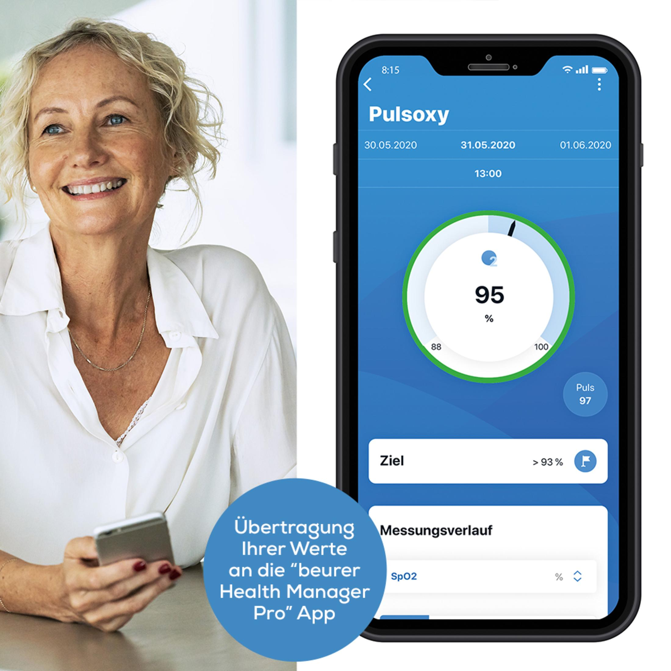 Frau benutzt ein Telefon. App auf dem Telefon. Blauer Hintergrund.