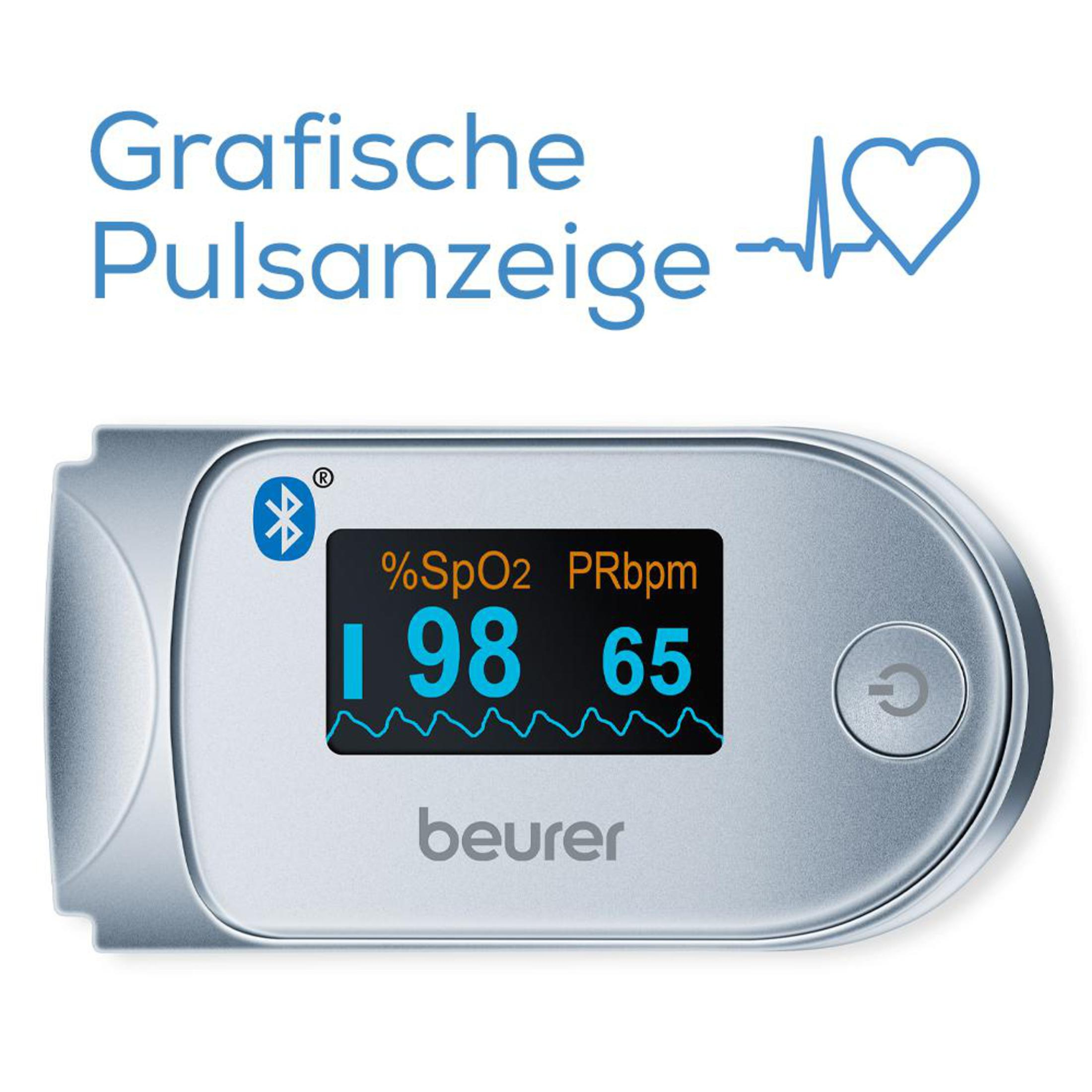 Digitales Pulsoximeter mit Display, das %SpO2- und PRbpm-Messwerte sowie die Marke beurer zeigt.