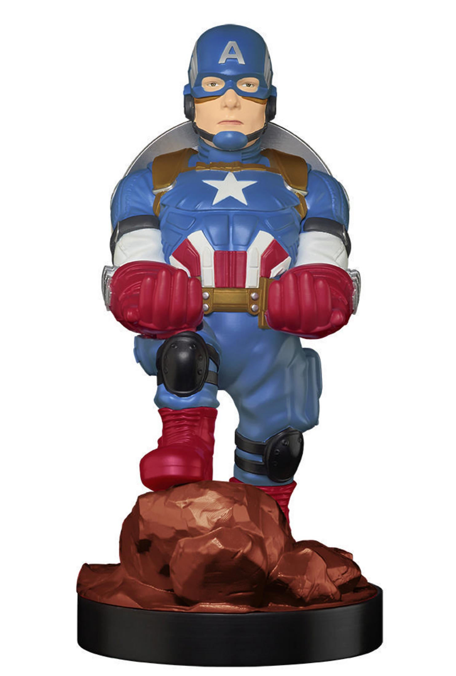Statuetta di Captain America con abito blu e rosso su base rocciosa marrone, sfondo bianco.