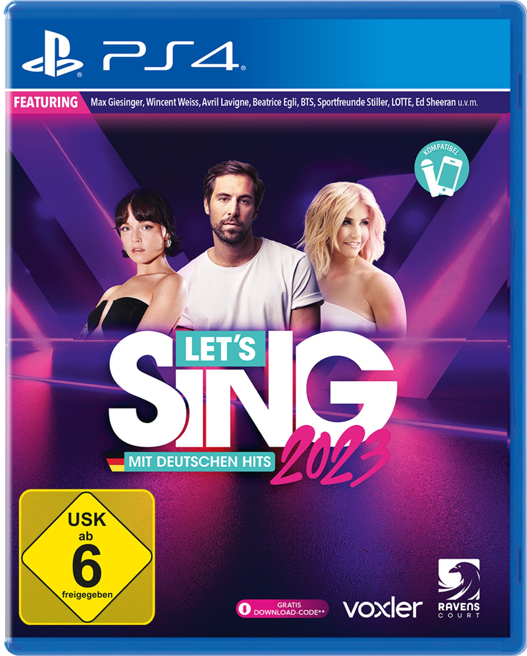 Spielbox mit Sängern. Der Umschlag hat den Titel 'Let's Sing 2023' und ein PS4-Logo. Der Hintergrund ist pink und lila.