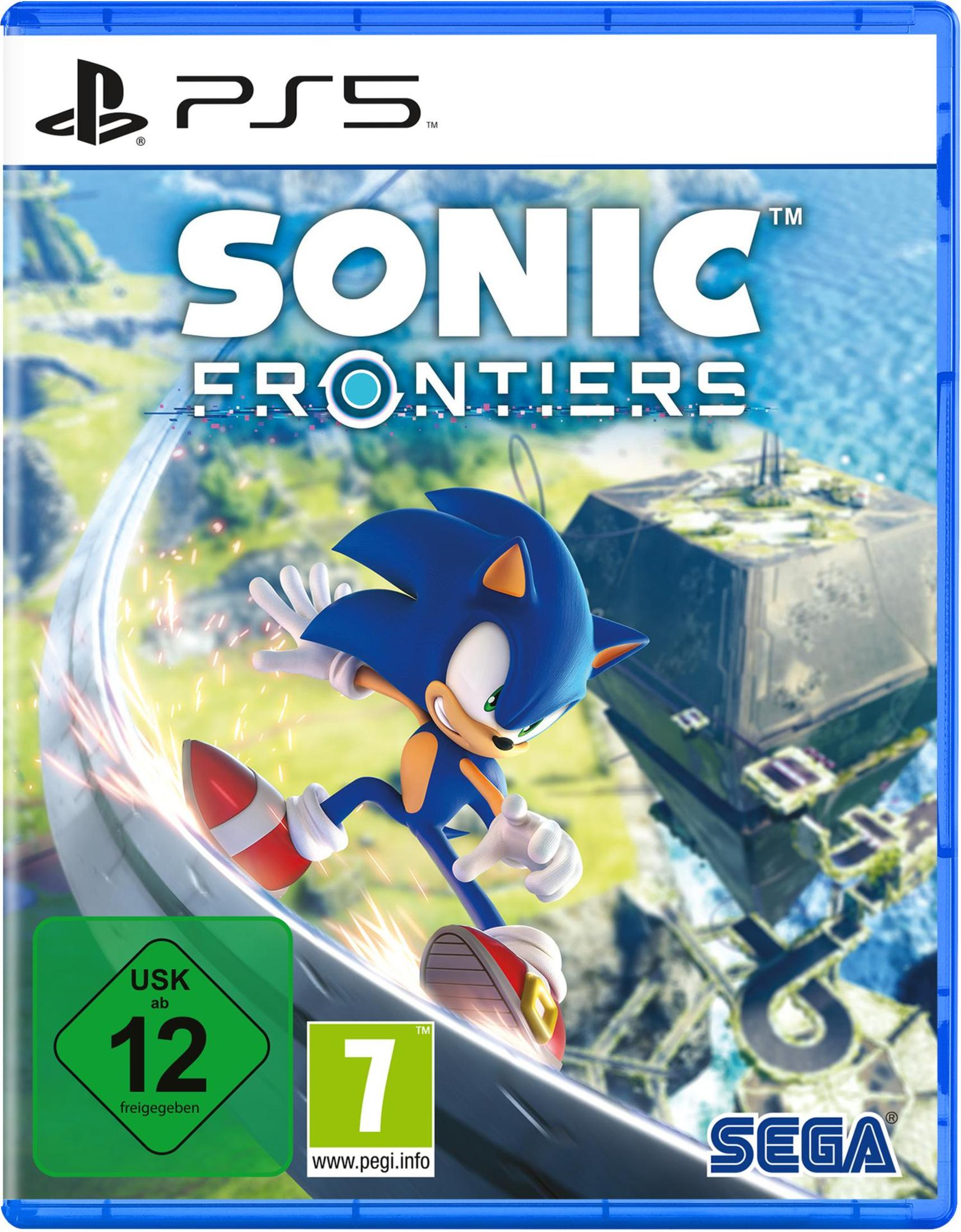 PS5-Spielbox: Sonic Frontiers, mit Sonic the Hedgehog. Blaues und weißes Cover.