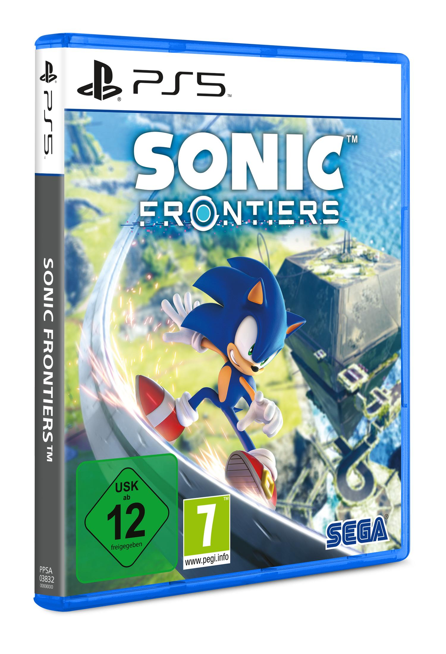 Ein Videospiel-Case von Sonic Frontiers für PS5, mit Sonic, der auf einem weißen Pfad rennt.