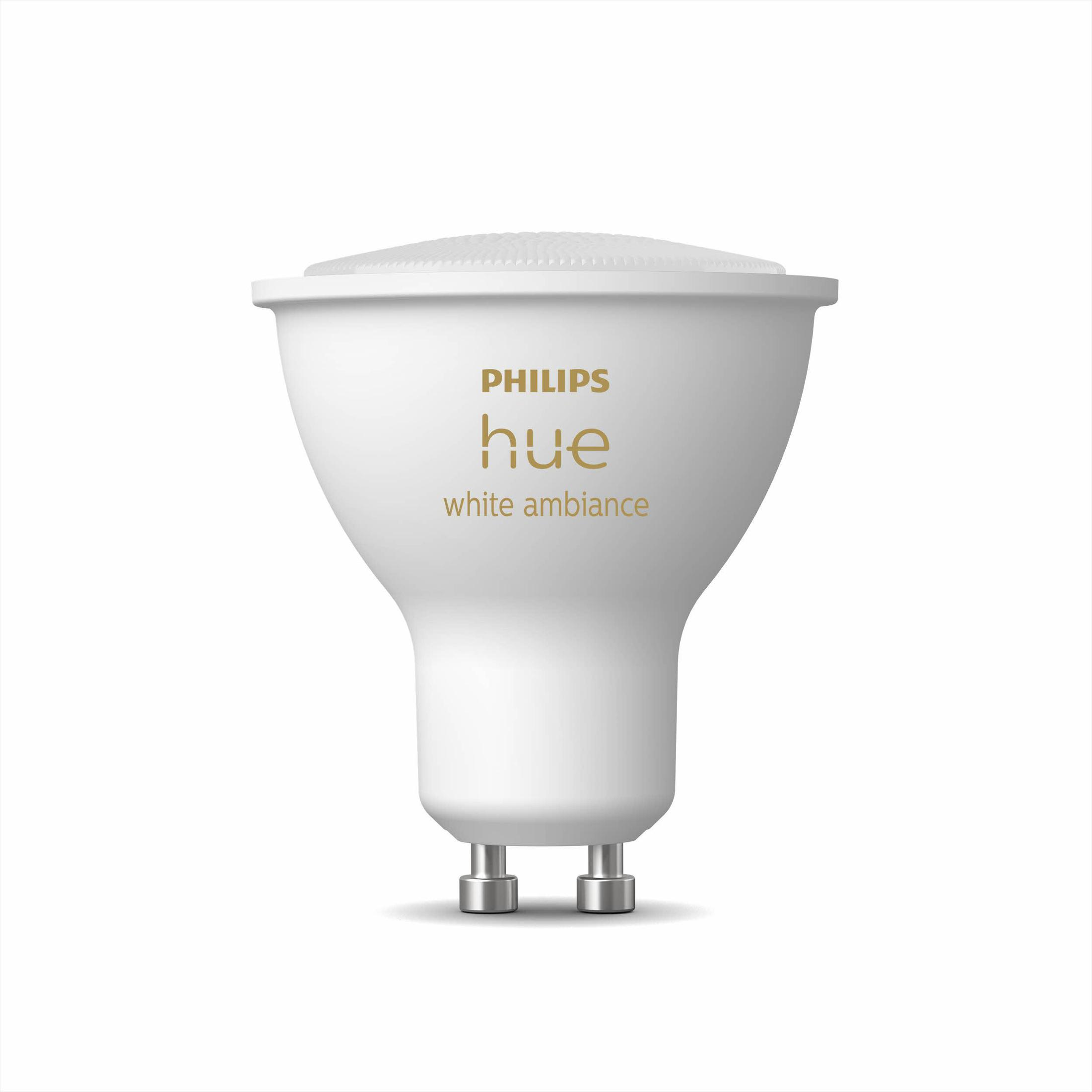 Weiße Philips Hue Smart-Glühbirne, mit Philips Hue Logo und Text, vor weißem Hintergrund.