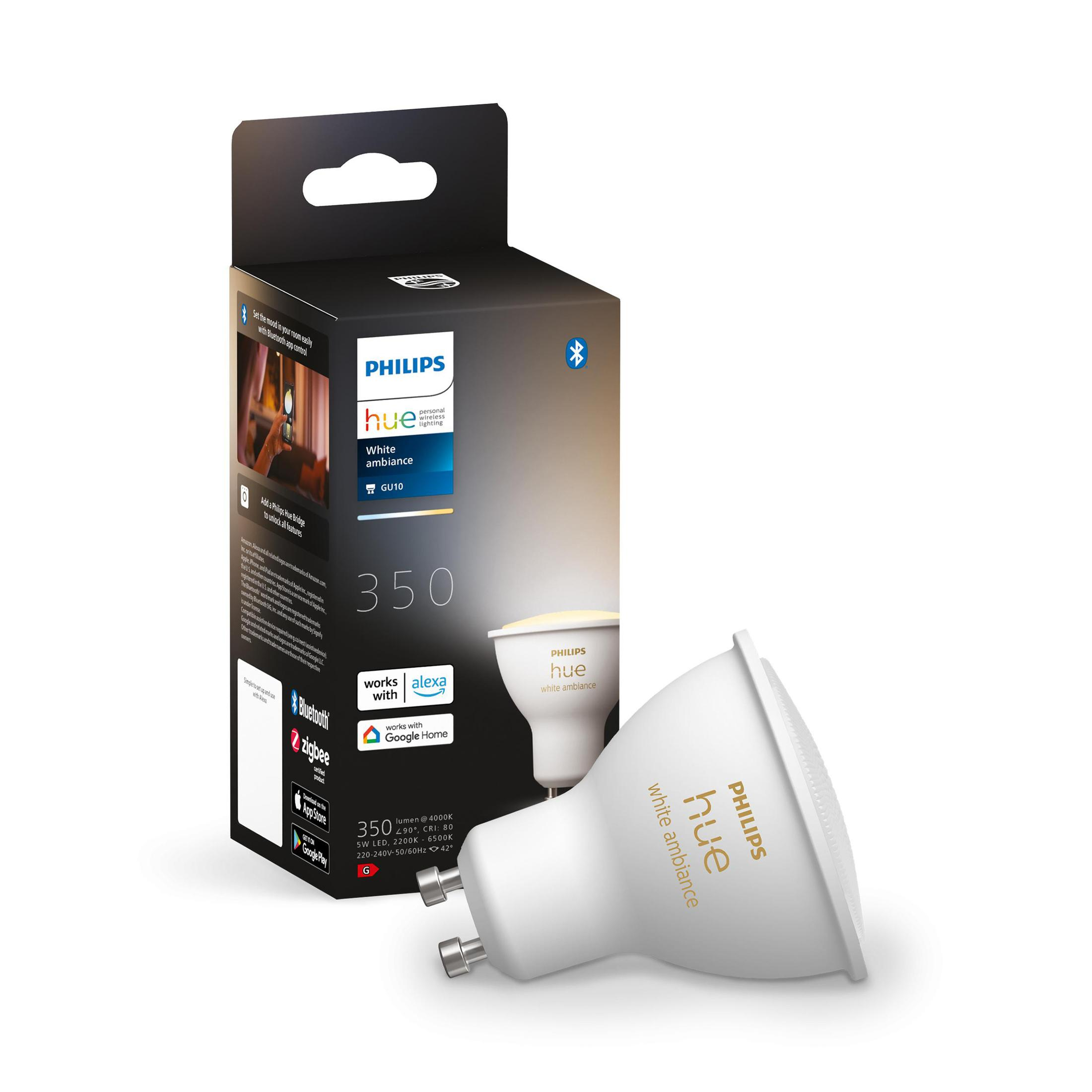 Philips Hue White Ambiance Glühbirne und Schachtel. Die Schachtel zeigt die Glühbirne.