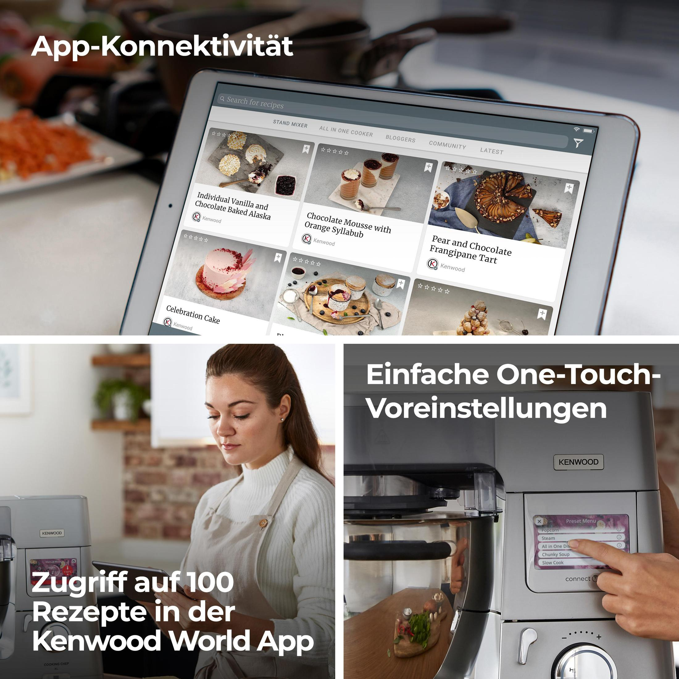 Ein Tablet mit Rezepten und Bilder einer Frau, die einen Mixer und dessen Touchscreen benutzt.