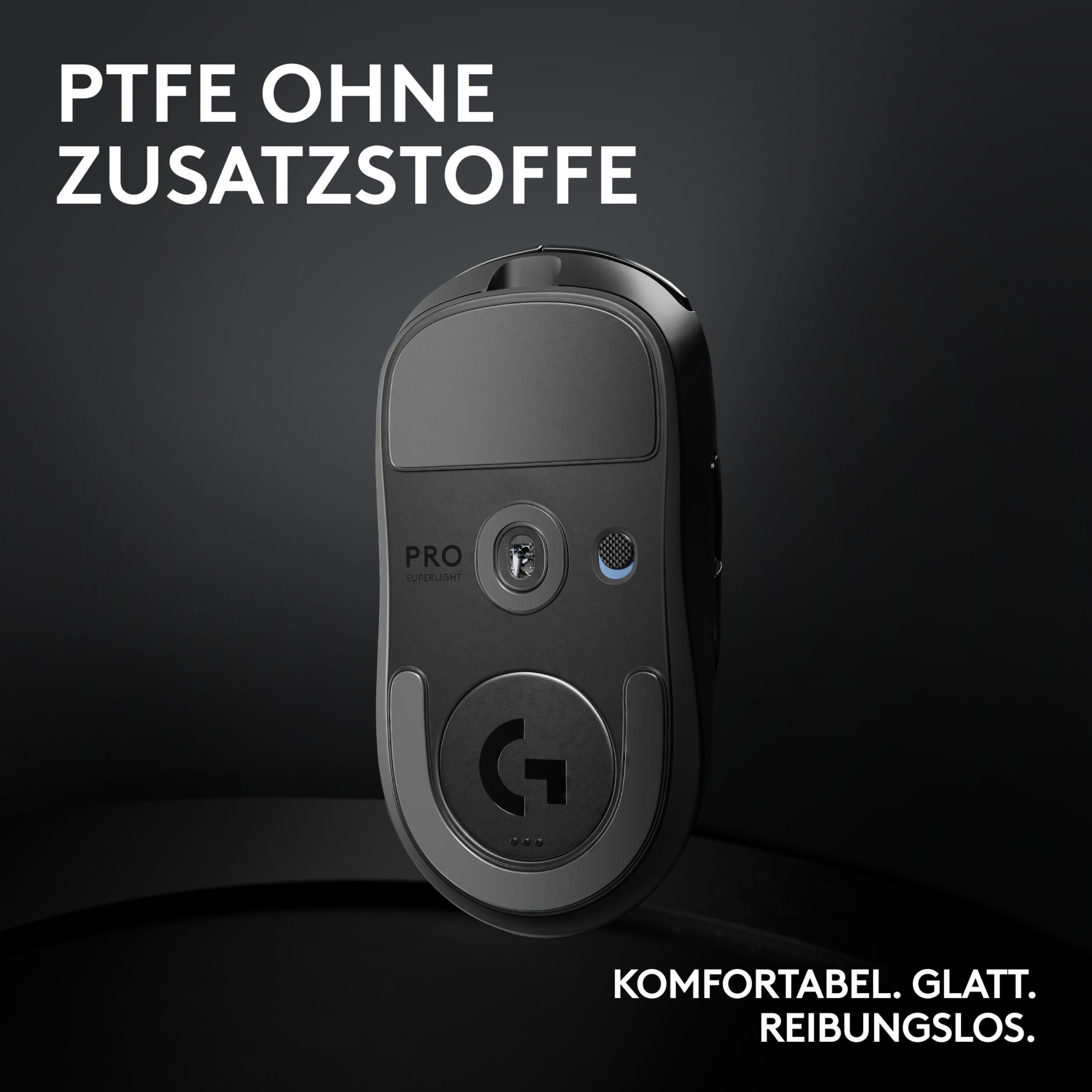 Czarna mysz, widok od spodu, z etykietą 'PRO' i logo 'G'.