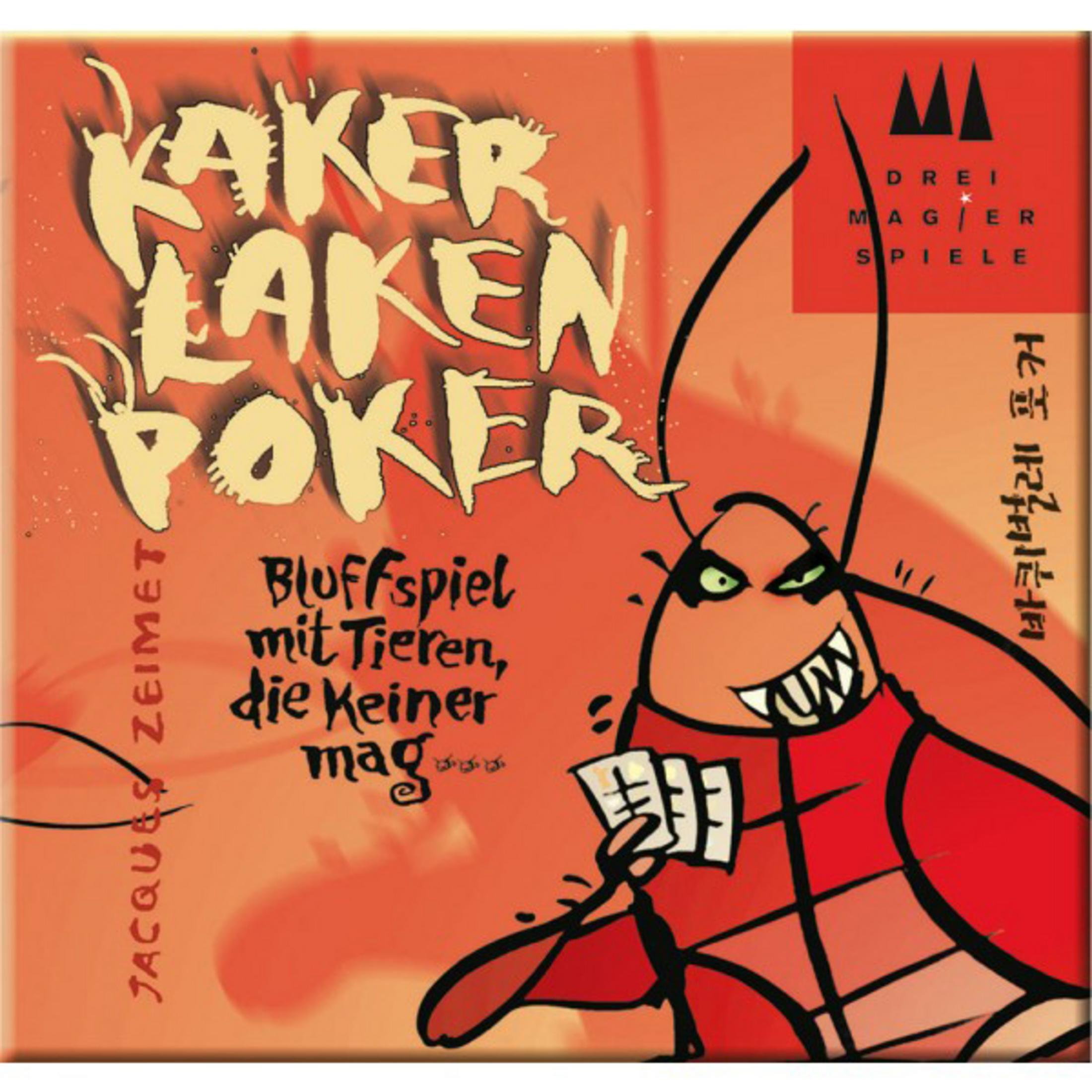 Pudełko gry planszowej zatytułowane Kaker Laken Poker. Pomarańczowe tło z rysunkowym karaluchem.