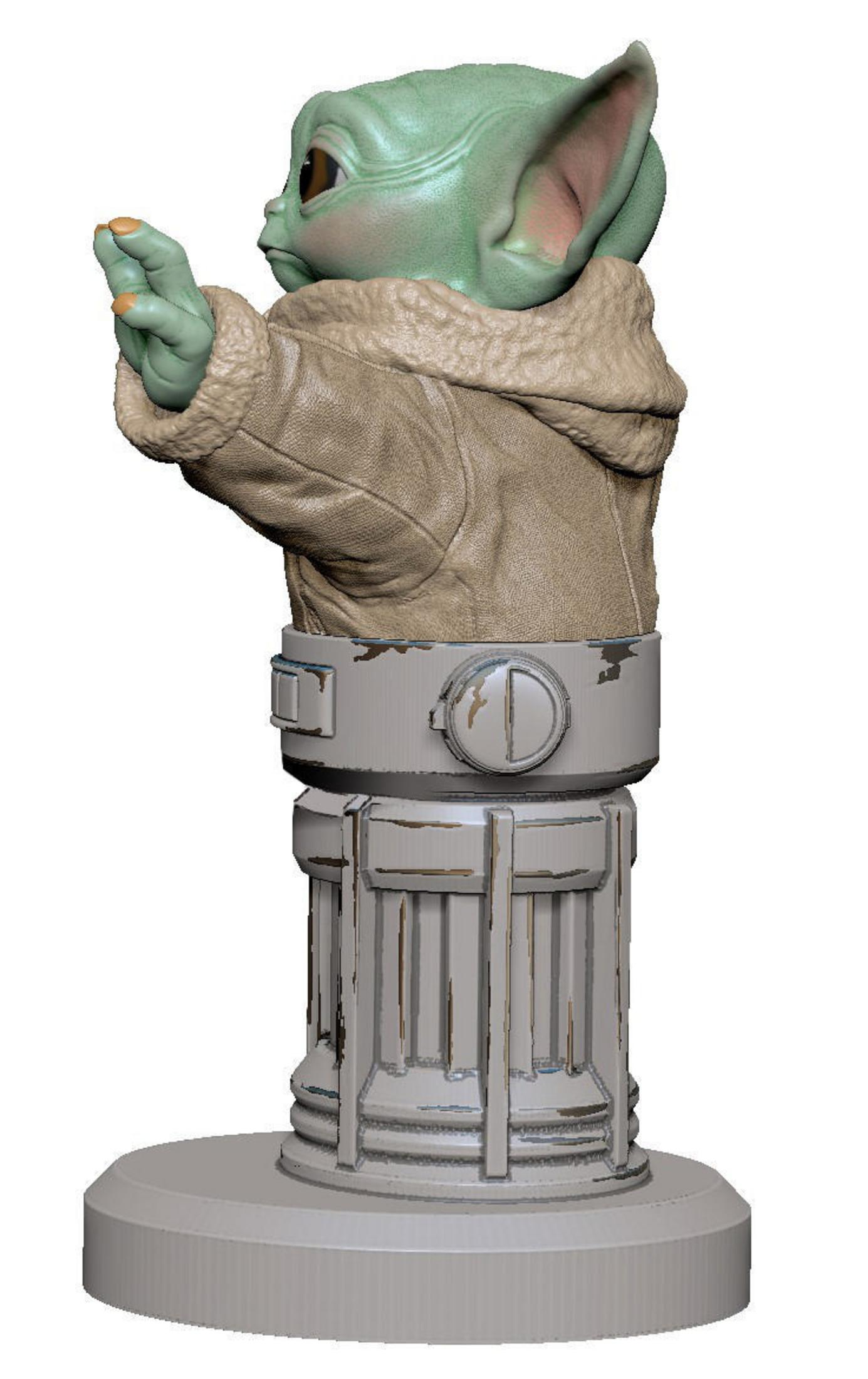Statua di Grogu in stile busto. Base grigia e vesti color camoscio, sfondo bianco.