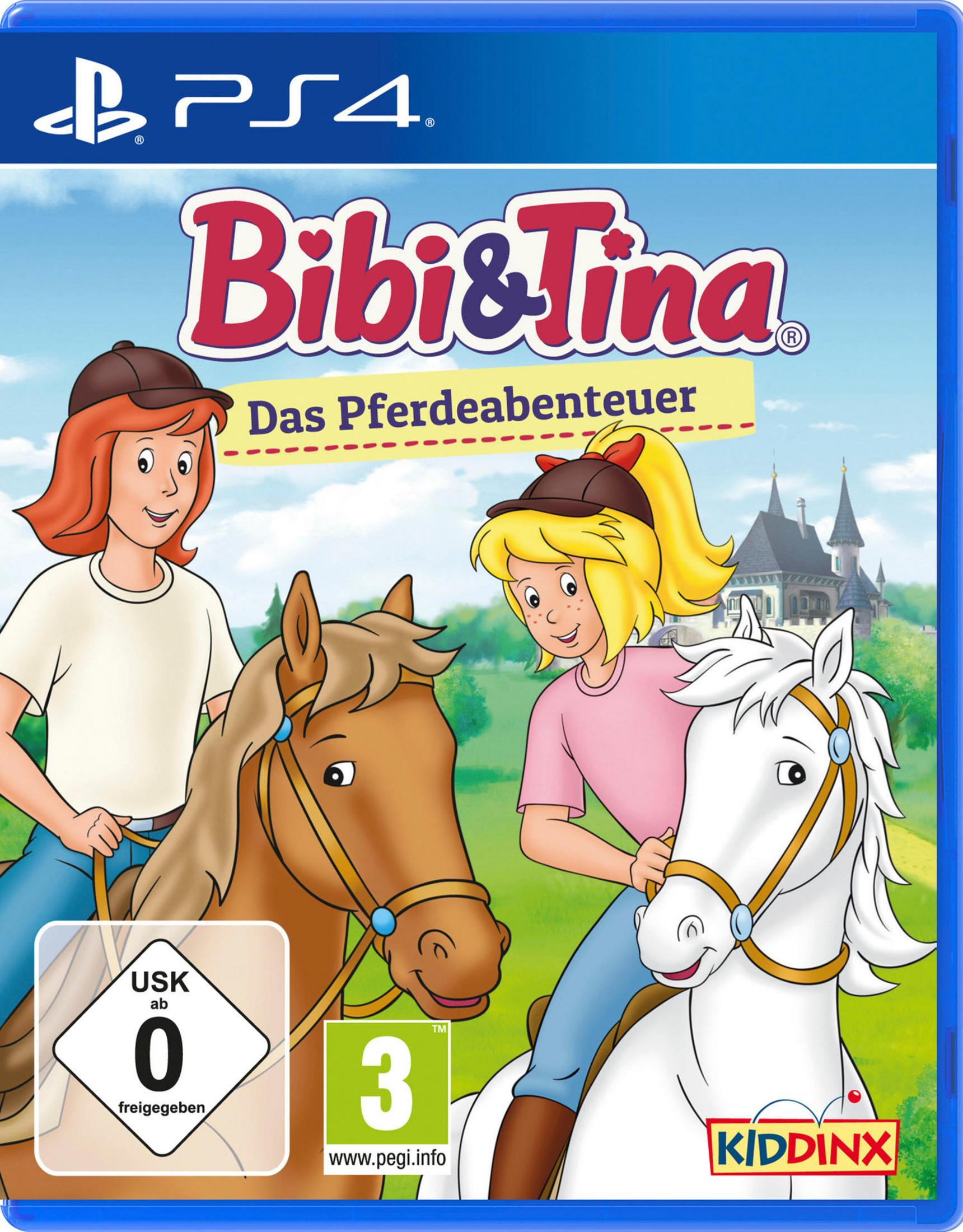 Bibi & Tina Das Pferdeabenteuer Spielverpackung. Zwei Mädchen und zwei Pferde auf dem Cover. Das PS4-Logo.
